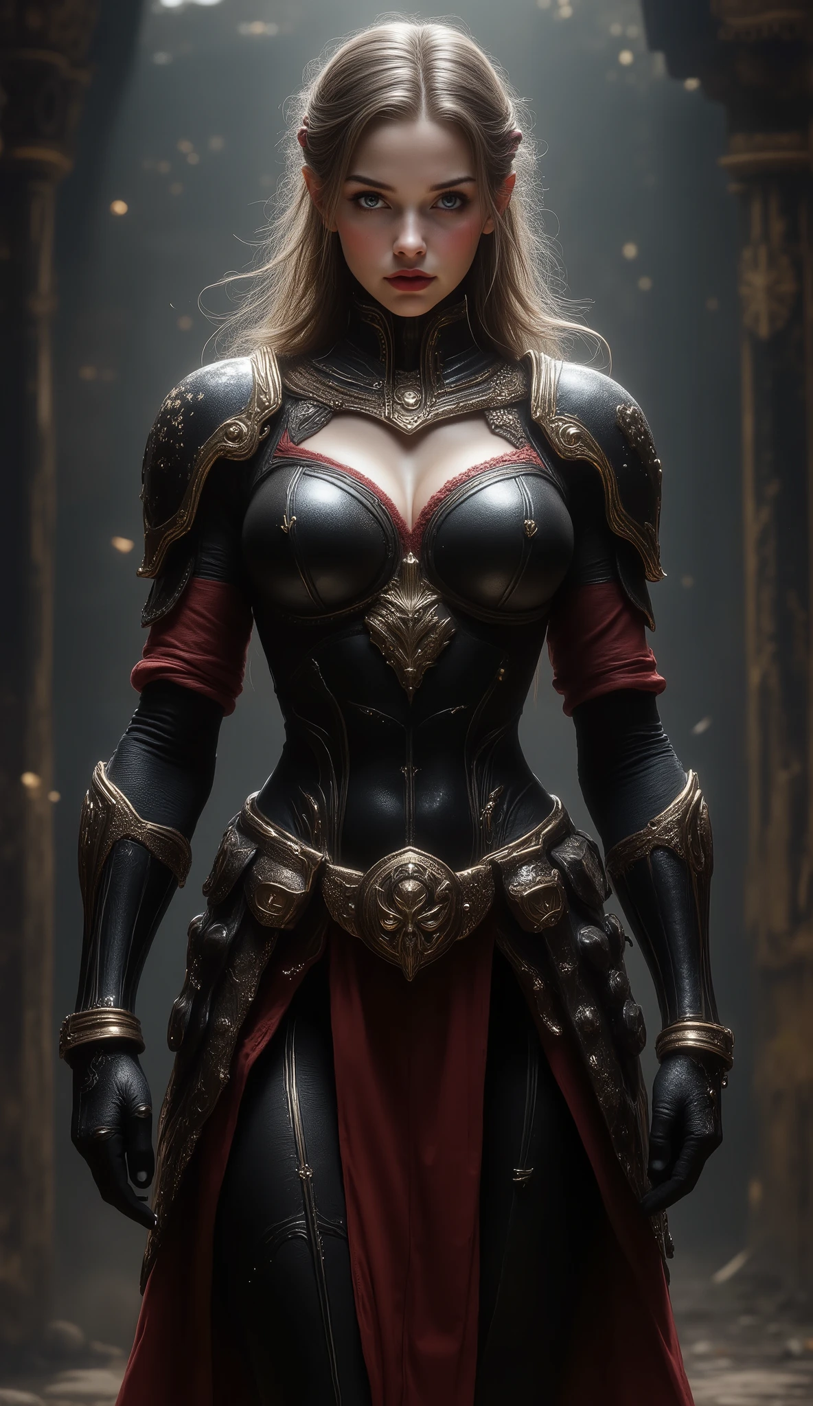 full - body - front - shot An extremely detailed dark fantasy image an extremely curvaceous young woman long brown she holds her hair in a ribbon her face is aristocratic haughty her skin is white her lips are red her legs are long shapely intimidating black power armor inspired by the armor of roman gladiator with scrollwork in metallic gold accents and featuring a high collar or gorget with metallic accents with eagle Aquila symbolism like a science fiction dark fantasy roman legionnaire meets samurai The armor appears to be black with red accents gold trim and combines elements with elements of roman legionnaire armor and samurai armor and has a dramatic slit in the skirts to show off her extremely long legs . The artwork has a realistic quality while maintaining a stylized , fantasy aesthetic . The lighting in the piece creates dramatic shadows and highlights , particularly on the face and armor details . The overall mood of the piece is intense and somewhat dark , fitting for what seems to be a warrior or battle-oriented character .