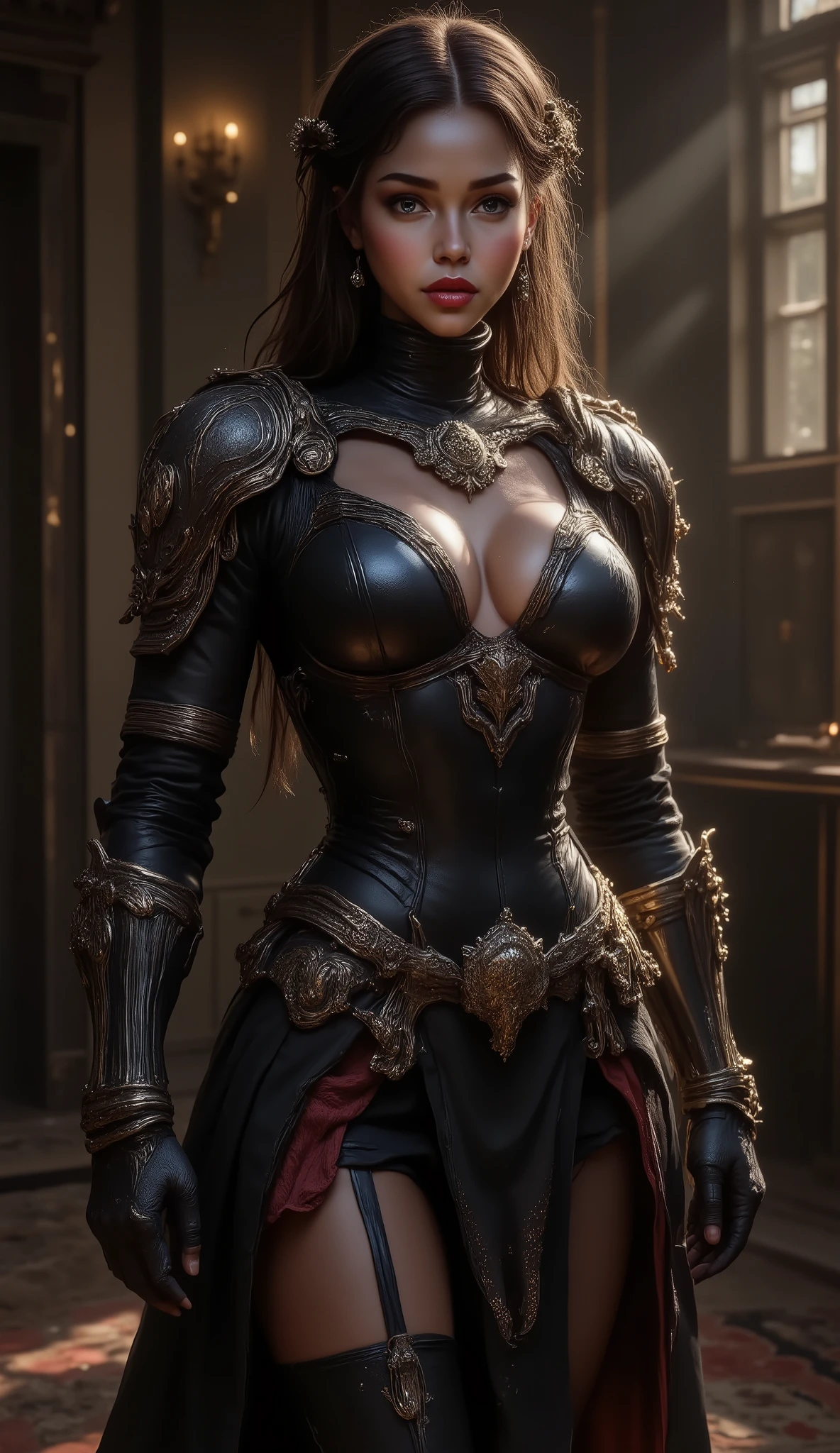 full - body - front - shot An extremely detailed dark fantasy image an extremely curvaceous young woman long brown she holds her hair in a ribbon her face is aristocratic haughty her skin is white her lips are red her legs are long shapely intimidating black power armor inspired by the armor of roman gladiator with scrollwork in metallic gold accents and featuring a high collar or gorget with metallic accents with eagle Aquila symbolism like a science fiction dark fantasy roman legionnaire meets samurai The armor appears to be black with red accents gold trim and combines elements with elements of roman legionnaire armor and samurai armor and has a dramatic slit in the skirts to show off her extremely long legs . The artwork has a realistic quality while maintaining a stylized , fantasy aesthetic . The lighting in the piece creates dramatic shadows and highlights , particularly on the face and armor details . The overall mood of the piece is intense and somewhat dark , fitting for what seems to be a warrior or battle-oriented character .