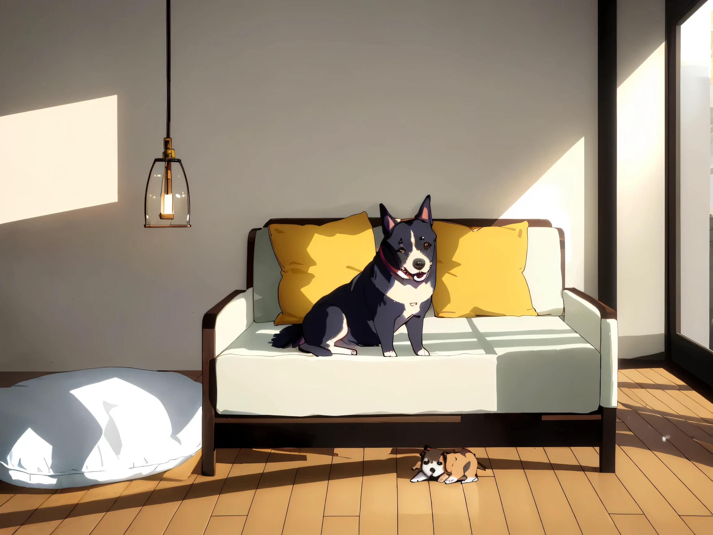 Interior of a protective dog cafe where soft light shines in。
A small dog is sitting on the floor、staring at us with a gentle expression。
wooden floor、A warm space lined with cushions and dog beds。
an atmosphere where a little sadness and kindness are mixed。
High Resolution、soft shadows、natural light、Calm Colors、Realistic。