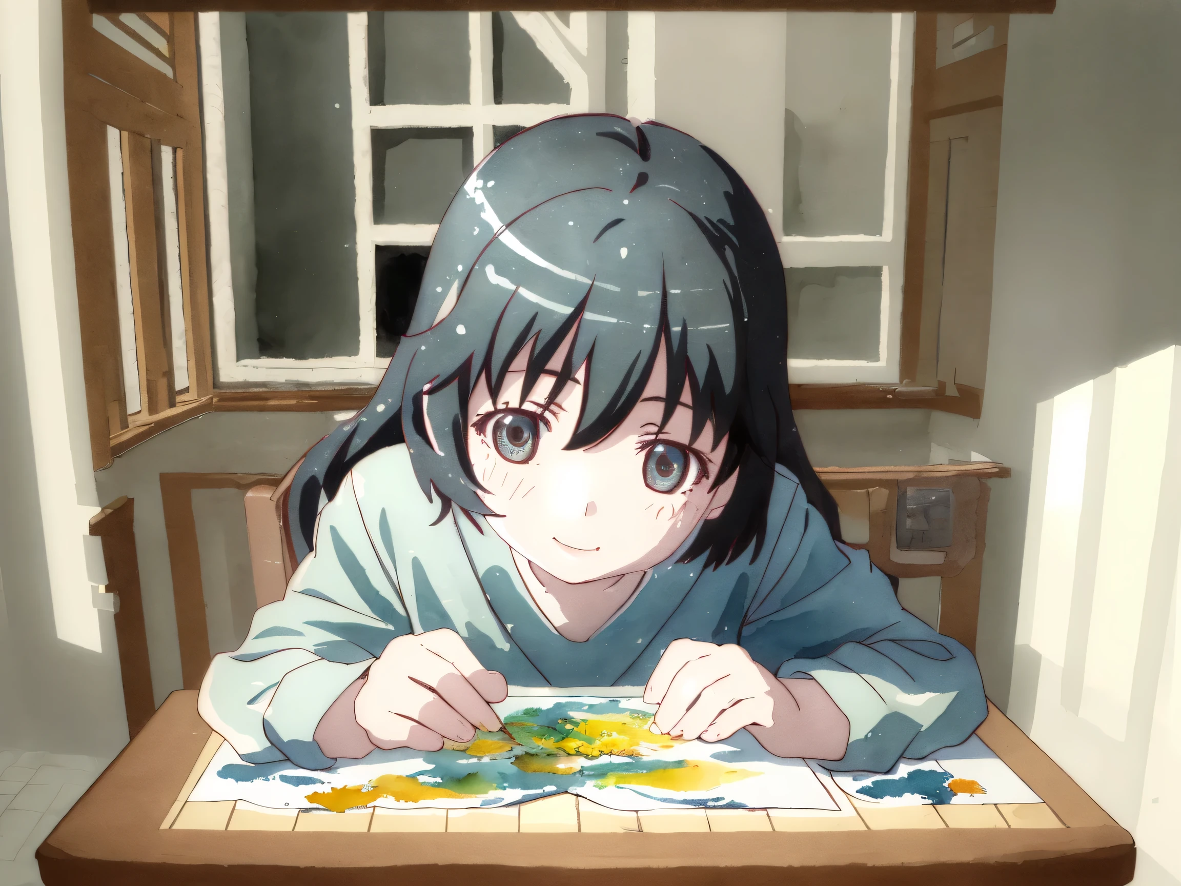 On the table where soft morning light shines in、  
the expansive watercolor palette and colorful ink。  
I can see abstract colored coloring paper drawn by small hands。  
Warmly、the feeling of atmosphere symbolizing parent-child art time full of joy of creation。  
Realistic、soft natural light、light tone、Relaxed atmosphere、High Resolution。
