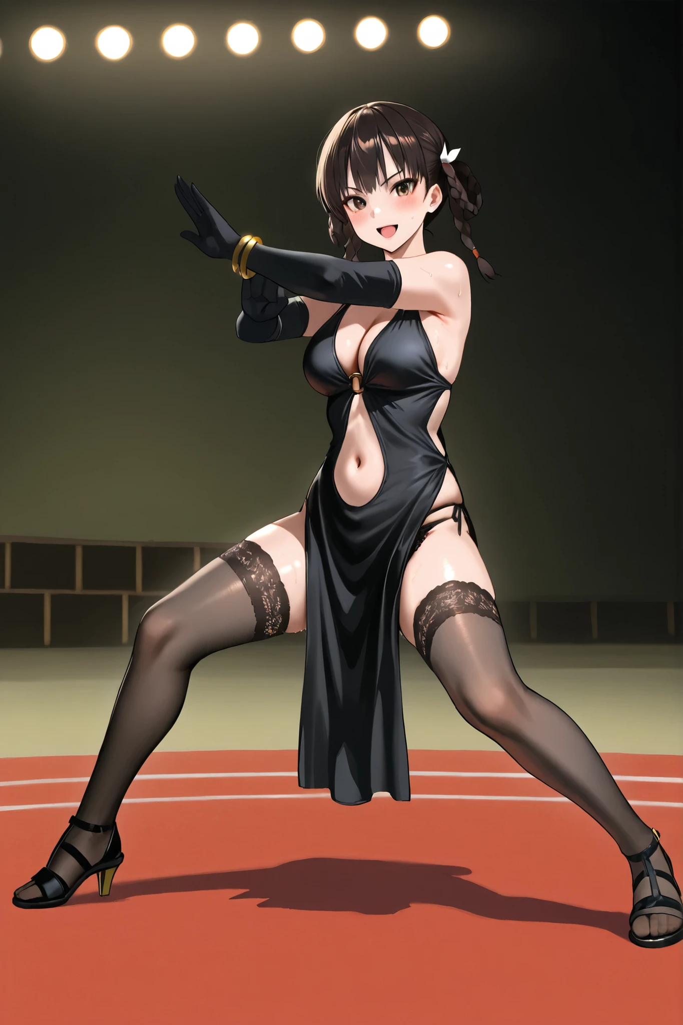 ((((Masterpiece)))), (((( top quality)))),  high definition,fine grain, detailed face ,  　,1girl,,,,, black hair, side braids, twin braids, braided hair rings, (brown eyes,,tsurime,,,,beautiful eyes:1.0),  bangs,slender,,,,,, ,,,, leifangblack, black dress, bare shoulder, sleeveless, slde slit, cleavage, black gloves, elbow gloves, bracelet, black panties, navel, pelvic curtain, black thighhighs, lace trim, lace-trimmed thighhighs, black sandals,high heels,,,soft brown eyeshadow, thin eyeliner, , ,, peach glossy lips,,,,,,,,, ,large Breasts,　　, ,,,,fighting stance,,smile,blush,exciting,,sweat,,,,(open mouth:1),(close eyes:0.0),,(close one eye,wink:0.0),,,,,,,(on all fours:0.0),, mai_pose_kf_1,fighting_stance, ,fighting stance,,,, ,,,,, ,,,,, Long legs, beautiful legs, beautiful thighs, ,,,,,, banquet halls, lighting, spotlights,,,,,dynamic angle