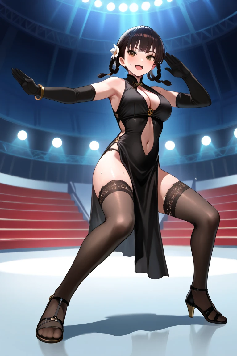 Masterpiece, best quality, Masterpiece, best quality, 1 woman , long brown hair , sunglasses , sly face , smile , purple bikini ,  arms , abdomen, big breasts , Barefoot , hands on hips , deck , sky