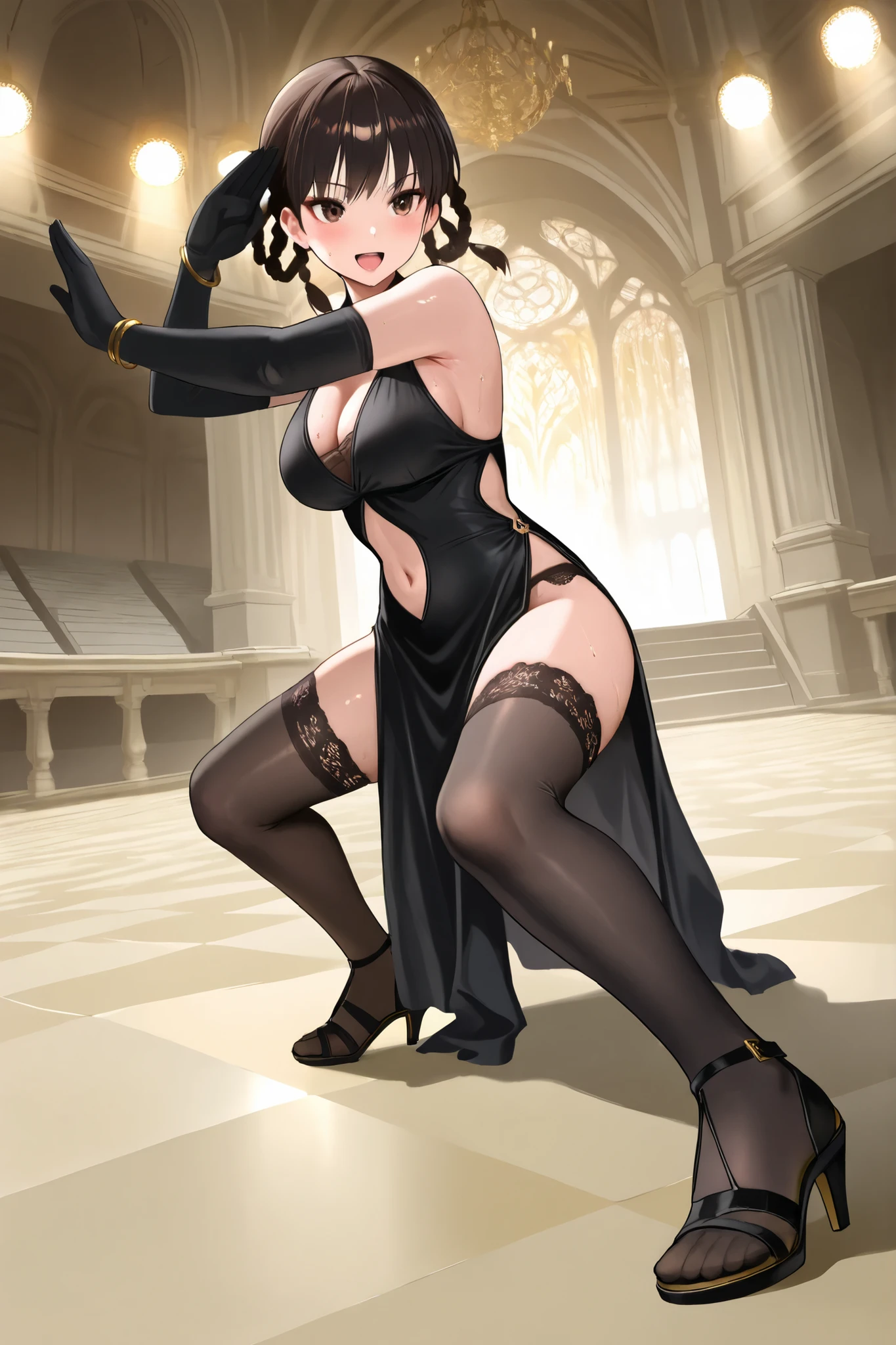 ((((Masterpiece)))), (((( top quality)))),  high definition,fine grain, detailed face ,  　,1girl,,,,, black hair, side braids, twin braids, braided hair rings, (brown eyes,,tsurime,,,,beautiful eyes:1.0),  bangs,slender,,,,,, ,,,, leifangblack, black dress, bare shoulder, sleeveless, slde slit, cleavage, black gloves, elbow gloves, bracelet, black panties, navel, pelvic curtain, black thighhighs, lace trim, lace-trimmed thighhighs, black sandals,high heels,,,soft brown eyeshadow, thin eyeliner, , ,, peach glossy lips,,,,,,,,, ,large Breasts,　　, ,,,,fighting stance,,smile,blush,exciting,,sweat,,,,(open mouth:1),(close eyes:0.0),,(close one eye,wink:0.0),,,,,,,(on all fours:0.0),, mai_pose_kf_1,fighting_stance, ,fighting stance,,,, ,,,,, ,,,,, Long legs, beautiful legs, beautiful thighs, ,,,,,, banquet halls, lighting, spotlights,,,,,dynamic angle