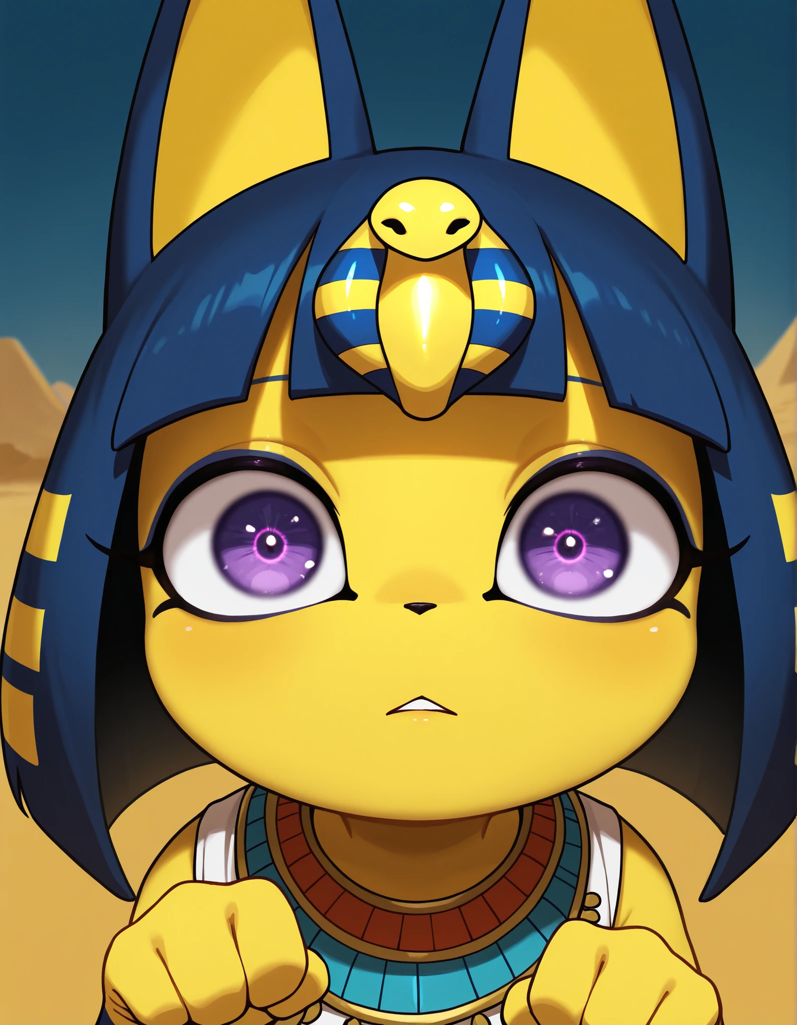 nbkwk,, depth of field, 1girl, furry, ankha \(animal crossing\), expressionless, eye reflection, yellow background, yellow theme, blue background, desert,, purple eyes, glowing eyes, wide-eyed, paw pose, looking at viewer, close-up, parted lips,