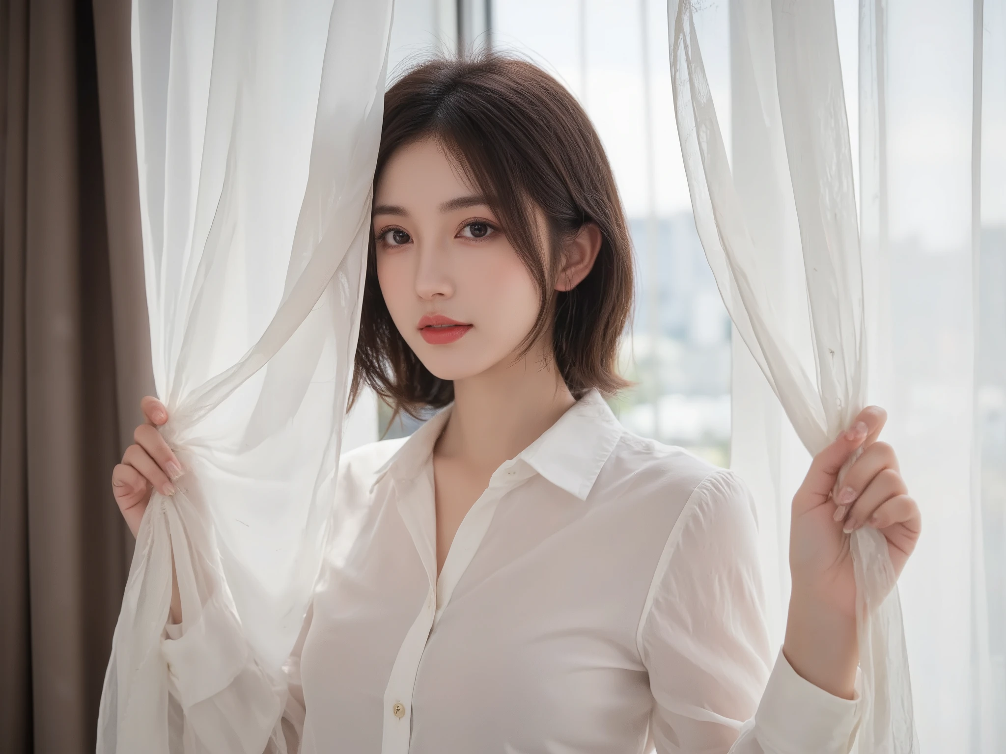 (8k, top quality, masterpiece: 1.2), (realistic, photorealistic: 1.37), super detailed, girl single, cute, solo, beautiful detailed sky, detailed café, night, sitting, date, (blush), (smile: 1.15), (closed mouth) small, fine beautiful eyes, (collared shirt: 1.1), night, wet, office clothes, rain, white lace, (short hair: 1.2), Floating NovaFrogStyle, white ,