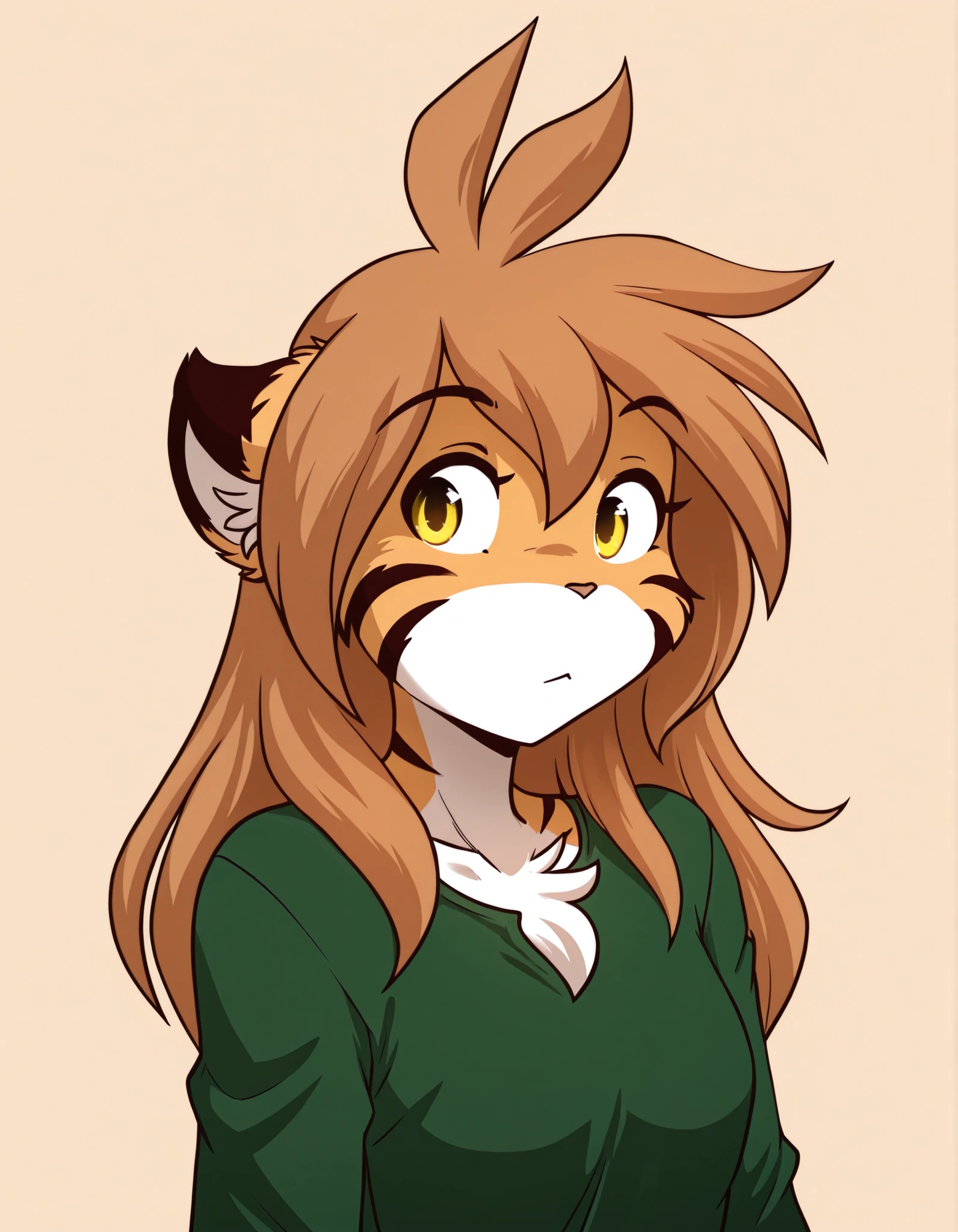 nbkwk,, furry, solo, flora-twokinds, flora_twokinds,, tiger, striped fur, keidran, yellow eyes, anthro, simple background,,, green shirt