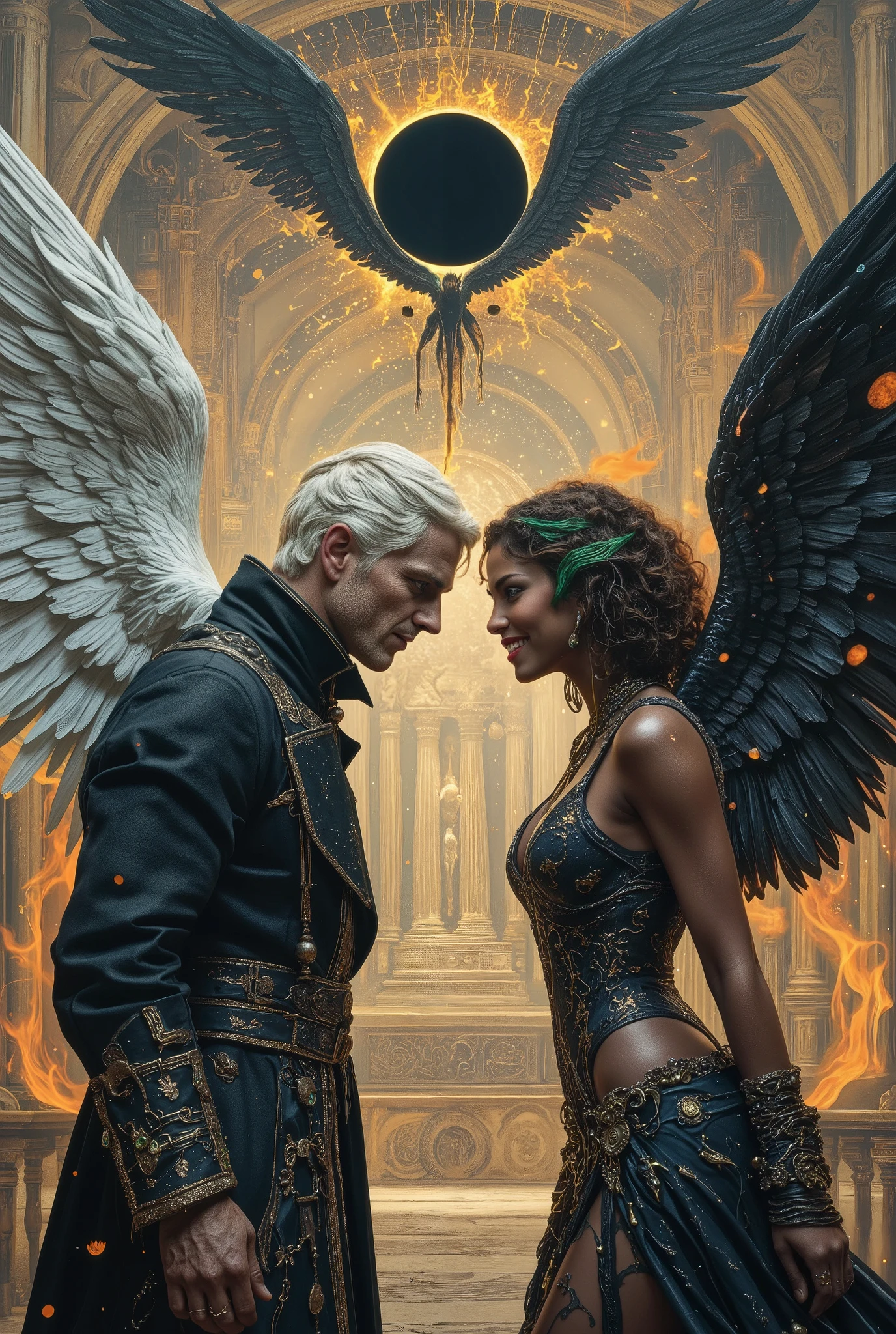 (masterpiece),(Highest quality),(Super detailed),(Ultra-high resolution) , (Best illustrations), 32k, an ancient luxurious temple,dynamic lights, shiny, glitter
Done in a balanced and vivid impressionist style symbolizing harmony of opposites ((and the search for spiritual transcendence through practicing mindfulness of self and psychological clarity, or learning philosophical reason logic and truth, as well as coming to terms with the metaphysical laws of our existence.))
A captivating portrait shows an angel and a demon in staring at each other and enraptured. On the left appearing 40, a handsome aquiline looking man with short stylish white hair and a wry expression wears a dark, fancy high-collared coat and other expensive but tasteful accoutrements. He has silver and white feathered wings and a faint glowing halo, symbolizing his angelic nature. On the right is a smiling half black woman with dimpled cheeks, with brown caramel skin and shoulder length curly brown hair with green blue highlights,  wearing a roguish grin and dressed in an eclectic blend ((of street, grunge, secondhand and 1st hand designer finery and God only knows, each piece used to highlight her sensual, seductive nature)) that somehow matches in some bizarre way. Small perky breasts, thick thighs, long legs, raven wings, with flames rising behind her, figures are facing each other, their intense gazes creating a powerful contrast between light and darkness and a shocking truth, they long to touch one another and their look is full of love. Massive energies whirl around these 2 and an eclipse of the Sun heralds their union with a foreboding air. Done in a balanced and vivid impressionist style symbolizing harmony of opposites ((and the search for spiritual transcendence through practicing mindfulness of self and psychological clarity, or learning philosophical reason logic and truth, as well as coming to terms with the metaphysical laws of our existence, to reach the true source.