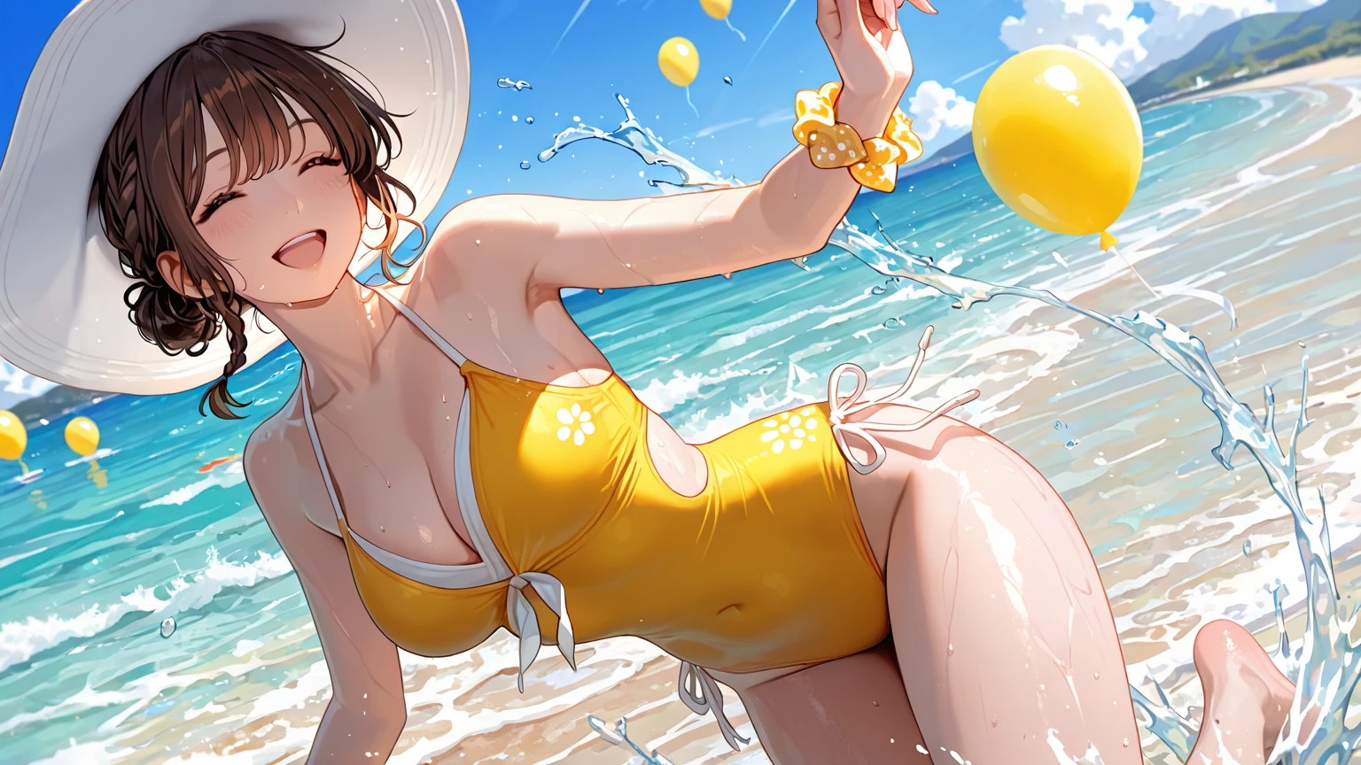 1_girl, solo, sksbrooke person, sksbrooke, (masterpiece:1.2), (best quality:1.2), perfect eyes, perfect face, 1girl, solo, brown eyes, (medium breasts), perky breasts, yellow stripe bandeau top and Brazilian bottom bikini set, beach background, splashing in the water, back turned 