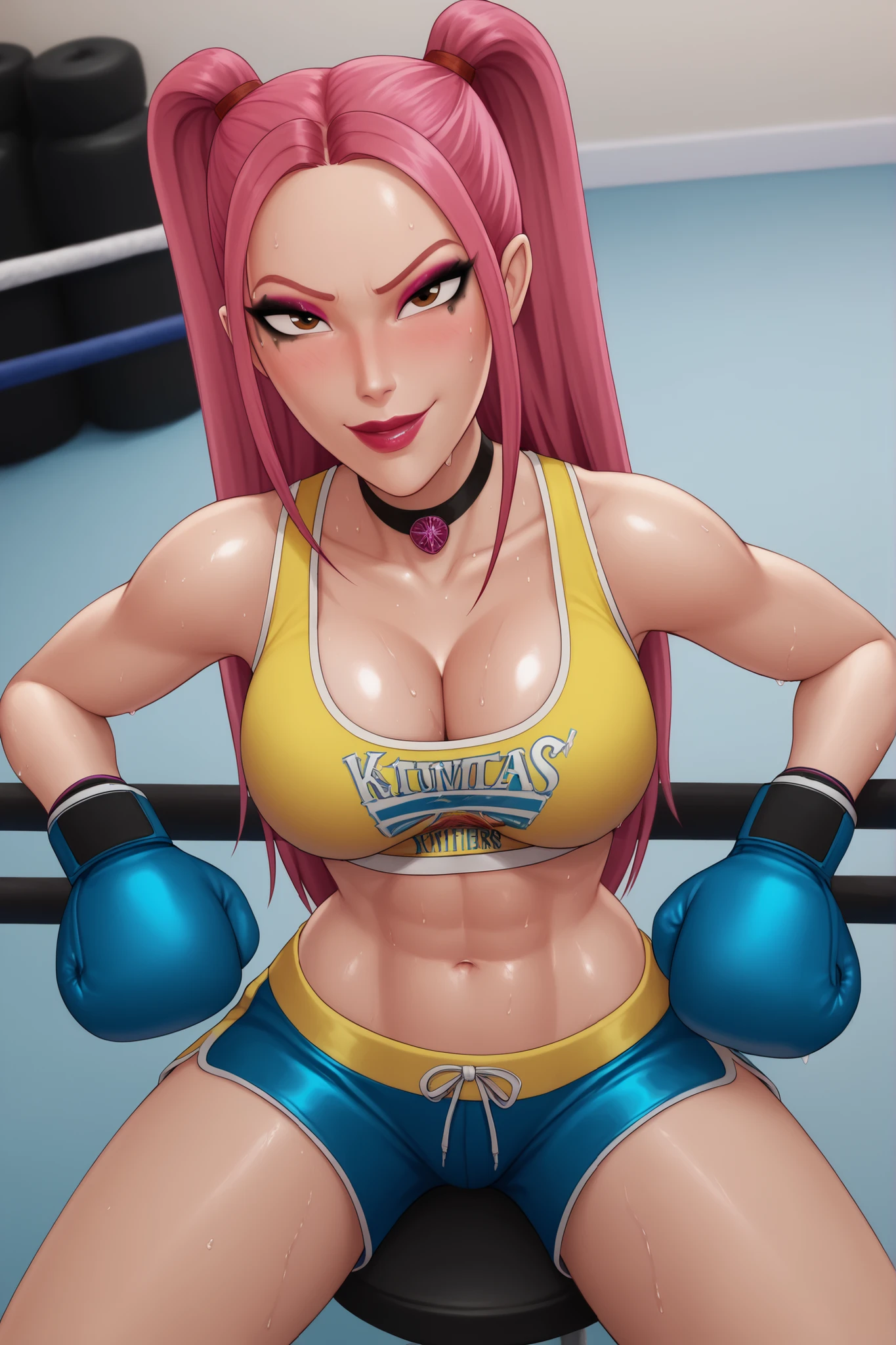 BREAK, score_6_up, score_7_up, score_8_up, score_9, 1girl, solo, kpdh_m1ra, long hair, dark pink hair, brown eyes, twintails, black choker, lipstick, makeup, official KPop Demon Hunters aesthetic, , busty, cleavage, curvy, athletic, looking at viewer, seducing viewer, teasing viewer, confident expression, smiling, closed mouth, bedroom eyes, yellow sports bra with blue trim, blue boxing shorts, blue boxing gloves, midriff, indoors, boxing ring, sitting on stool, closeup, portrait, upper body, high-angle view, pink eyeshadow, black eyeliner, black mascara, sweaty, sweat drops, wet skin, shiny skin, blushing 
