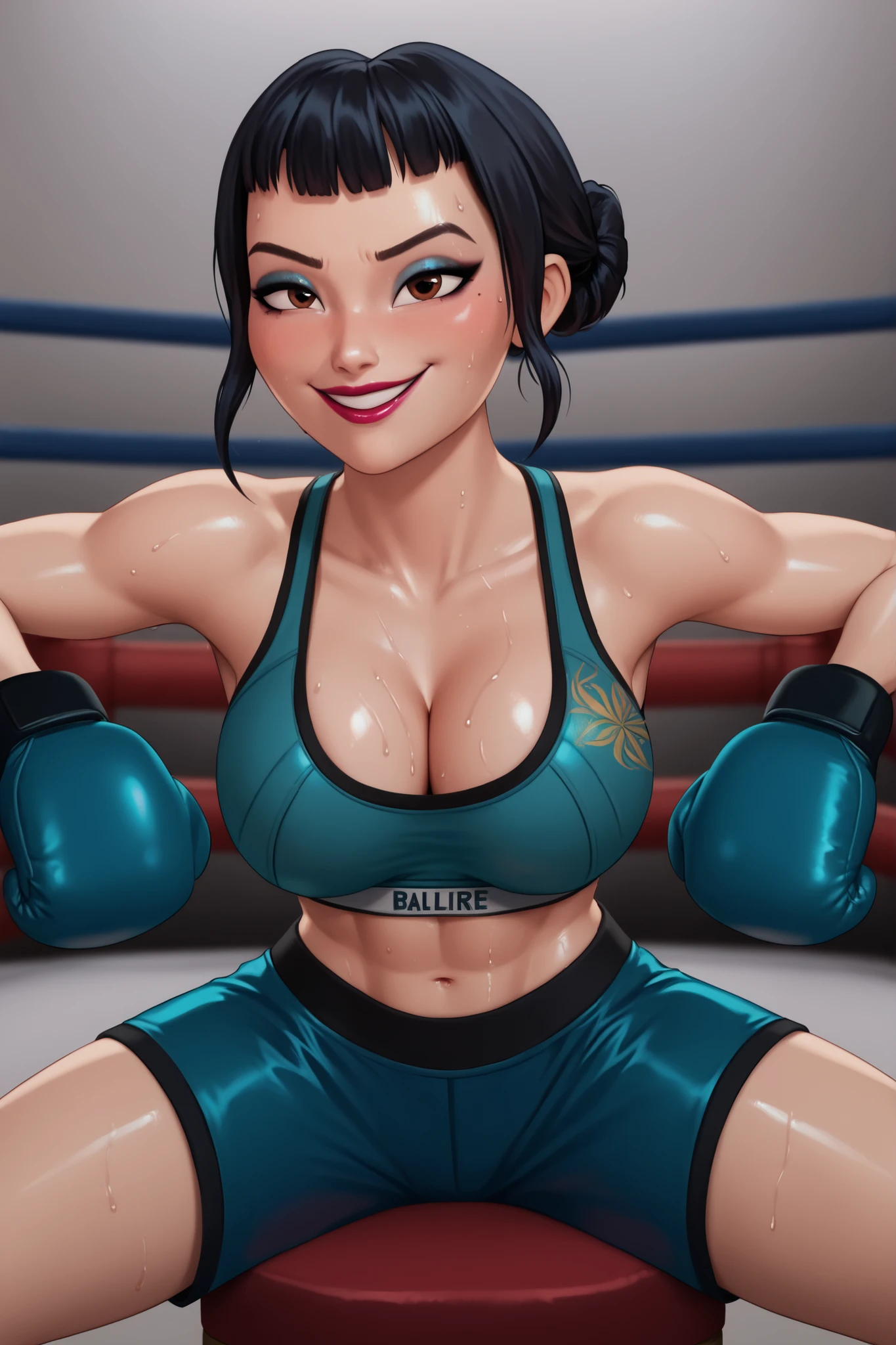 BREAK, score_6_up, score_7_up, score_8_up, score_9, 1girl, solo, kpdh_z0ey, black hair, short hair, hair bun, brown eyes, blunt bangs, lipstick, makeup, official KPop Demon Hunters aesthetic, large breasts, busty, cleavage, curvy, athletic, looking at viewer, seducing viewer, teasing viewer, confident expression, smiling, closed mouth, bedroom eyes, dark blue sports bra, black boxing shorts, black boxing gloves, midriff, indoors, boxing ring, sitting on stool, closeup, portrait, upper body, high-angle view, blue eyeshadow, black mascara, sweaty, sweat drops, wet skin, shiny skin, blushing