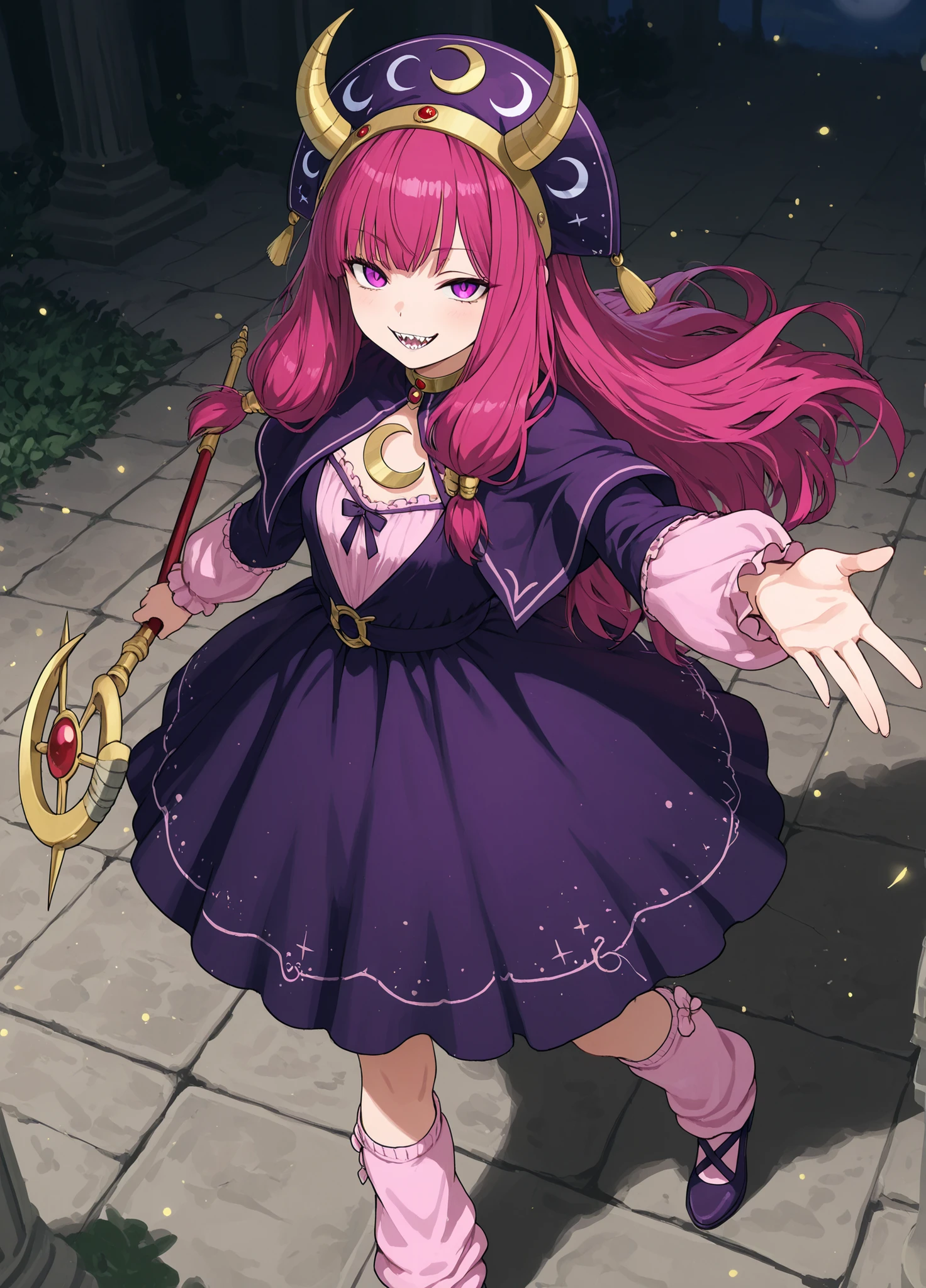 The design is finished with a prominent yellow crescent moon emblem on the chest. The overall composition conveys a magical quality, accentuated by the character's whimsical nature with protruding purple eyes. x} The characters exude a playful and slightly evil vibe, their look complementing light pink leg warmers and dark purple shoes, including the dress. They have round, exaggerated, moon-themed headbands with yellow horns protruding from them, giving them an otherworldly appearance.

In their right hands, the characters hold large, crescent-shaped staffs or weapons, adorned with two sharp, toothy grins, and purple hats. The characters wear striking purple outfits with black and yellow accents. Adding to the fantasy atmosphere, the stylish anime characters with mischievous expressions are the focal point of the image {x}, with rich colors and sharp contrasts emphasizing the characters' bold and mischievous attitude.