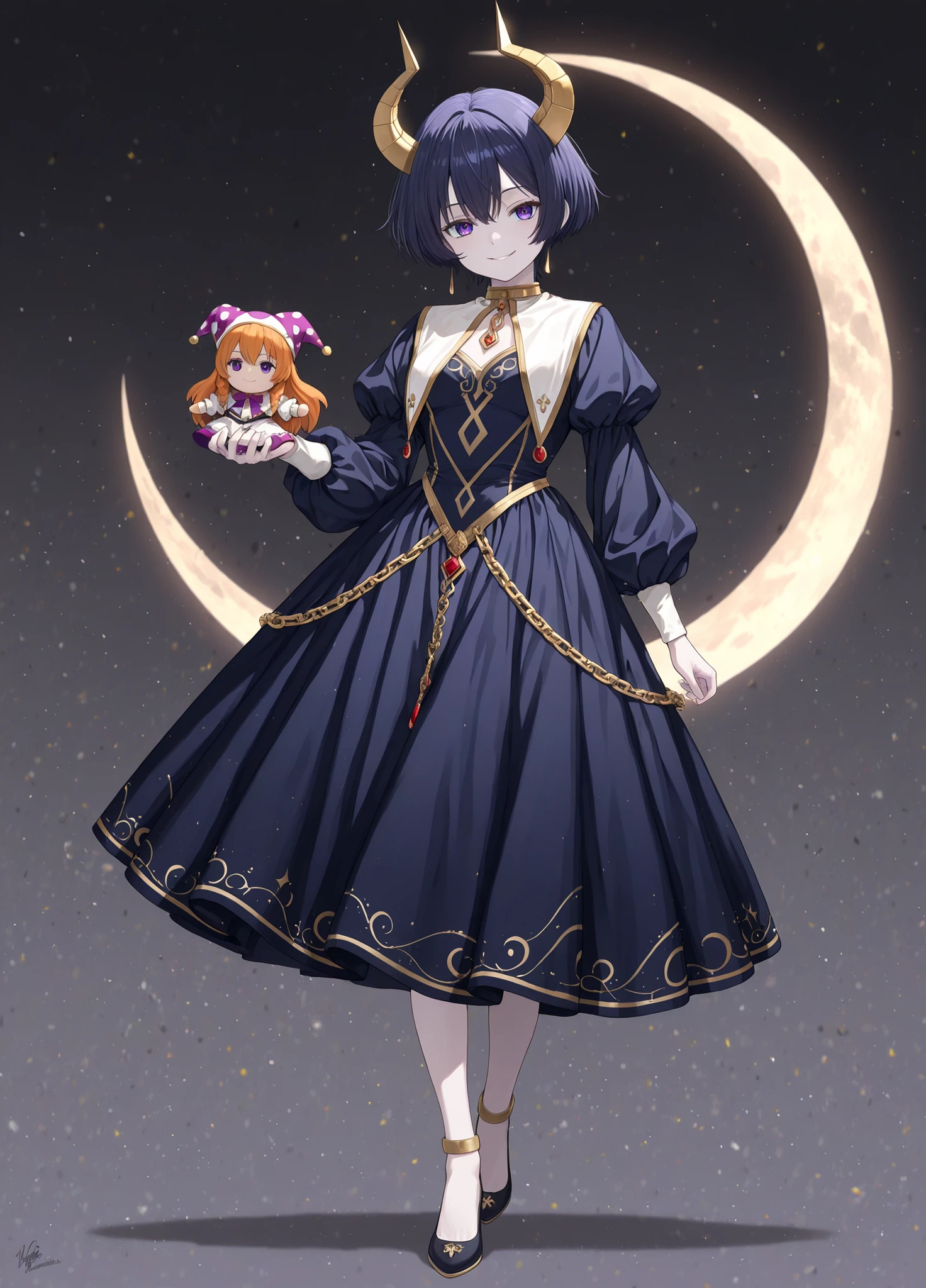 (masterpiece),(best quality:1.0), (ultra highres:1.0), (full body shot:1.2),Best detailed,An anime-style illustration of a young person, likely in their late teens or early twenties, with pale skin and black, short hair. The character has violet eyes and is smiling slightly, with a mischievous expression. They wear a dark blue dress with yellow accents, adorned with crescent moon details and golden embellishments. The dress has puffed sleeves and a white collar. They have small, golden horns and a golden collar. They are holding a small doll that resembles them in a miniature version. The doll is wearing a purple and white jester outfit. In the background, a golden crescent moon hangs, connected by a delicate chain. The figure is positioned to the right side of the image, the background is a gradient of dark colors. The lighting is soft, with highlights on the hair and the moon. The style is detailed and vibrant, typical of anime art, with a focus on fantasy elements.