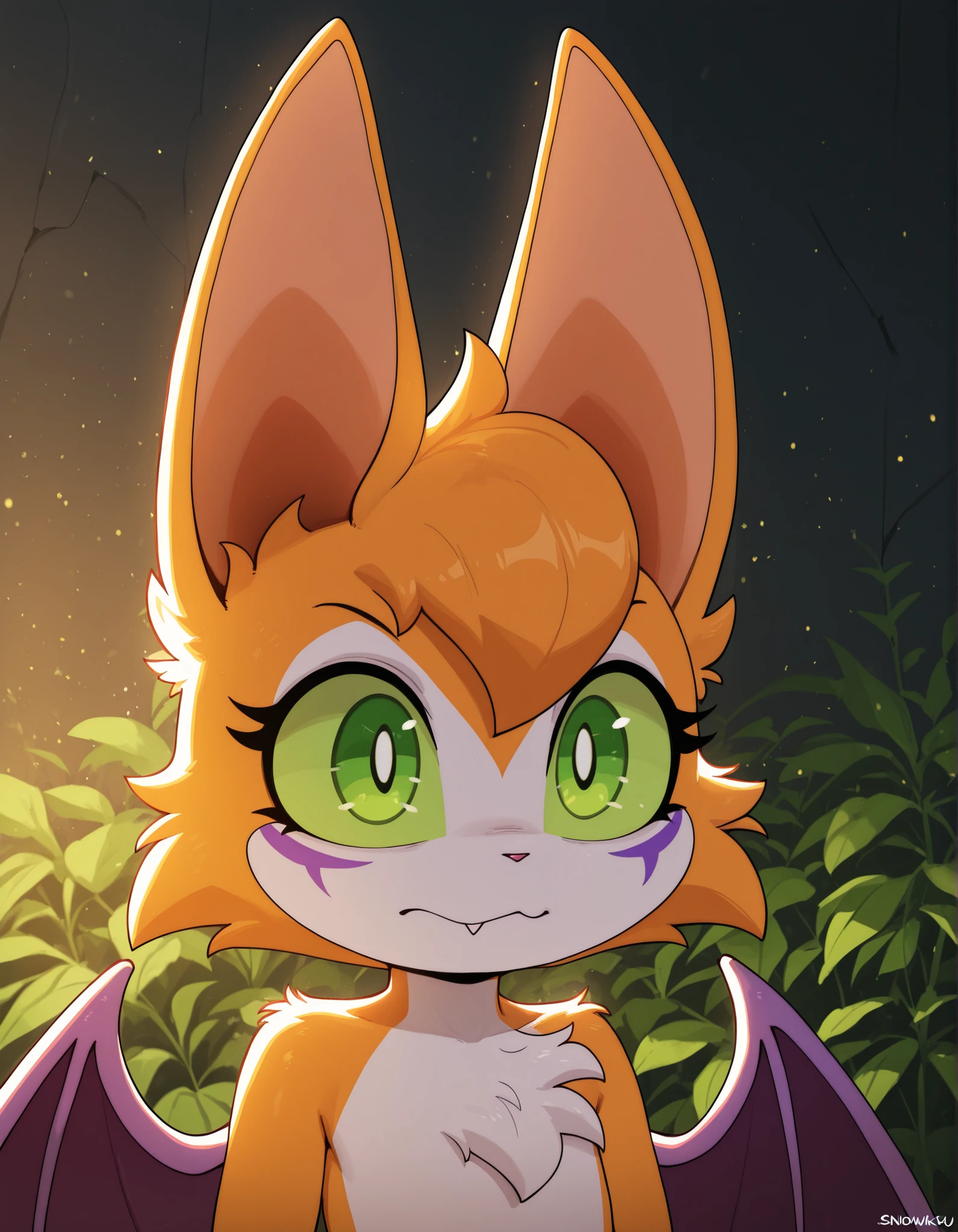nbkwk,, masterpiece, best quality, very aesthetic, (1girl:0.7),, (solo:1.3), furry, fidget \(elysian tail\), nimbat, fidget_daet, anthro, furry female, wings, tail, green eyes, colored sclera, bat wings, facial markings, orange fur, white fur, two-tone fur,membranous wings, fluffy, portrait, big eyes, young, BREAK, masterpiece, best quality, high quality, particles effect, [:by Desubox:0.15], [:by Anchee, by Snowskau:0.55], detailed background, detailed foreground, subtle shadows, depth of field, backlighting, plant, 