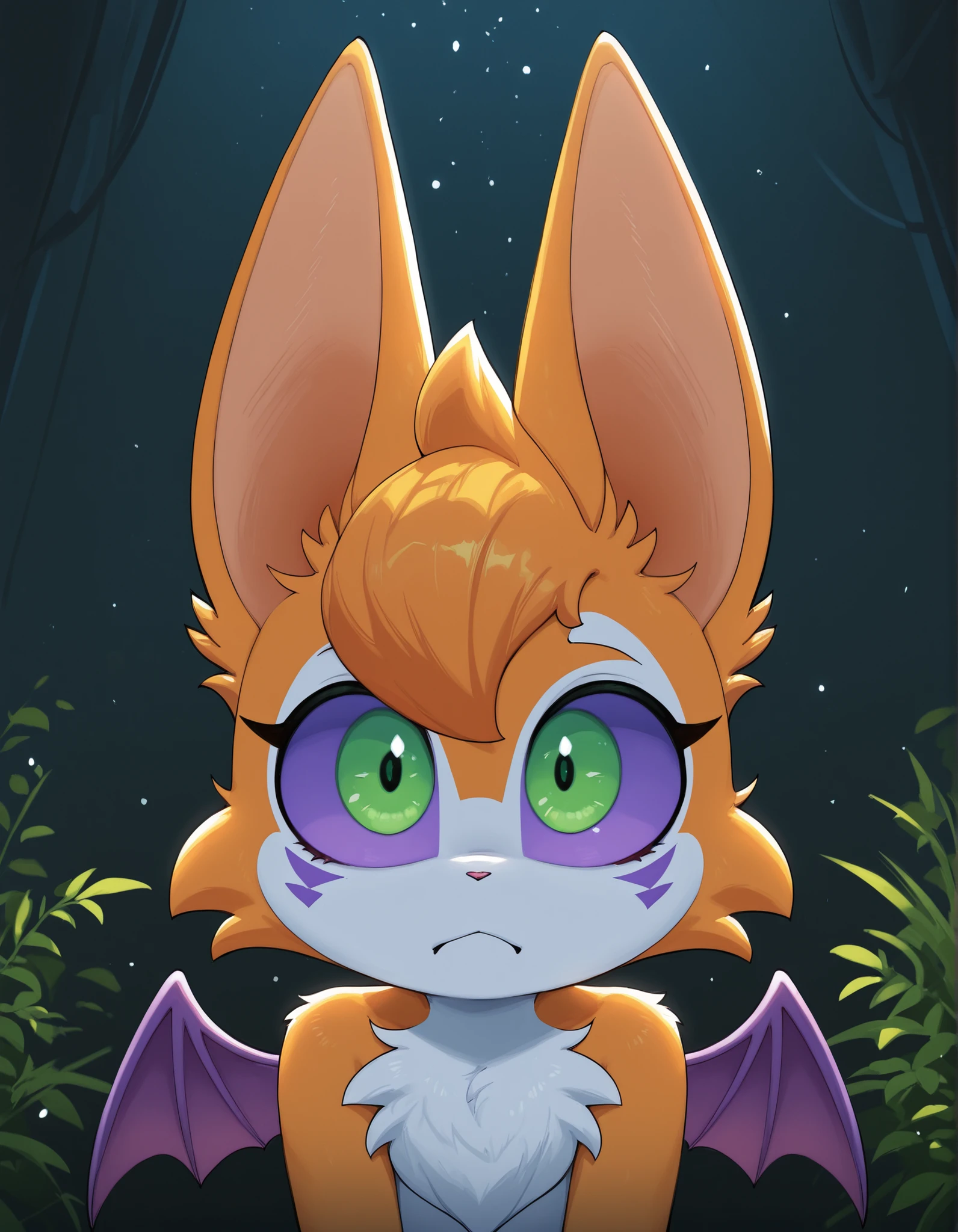 nbkwk,, masterpiece, best quality, very aesthetic, (1girl:0.7),, (solo:1.3), furry, fidget \(elysian tail\), nimbat, fidget_daet, anthro, furry female, wings, tail, green eyes, colored sclera, bat wings, facial markings, orange fur, white fur, two-tone fur,membranous wings, fluffy, portrait, big eyes, young, BREAK, masterpiece, best quality, high quality, particles effect, [:by Desubox:0.15], [:by Anchee, by Snowskau:0.55], detailed background, detailed foreground, subtle shadows, depth of field, backlighting, plant, 