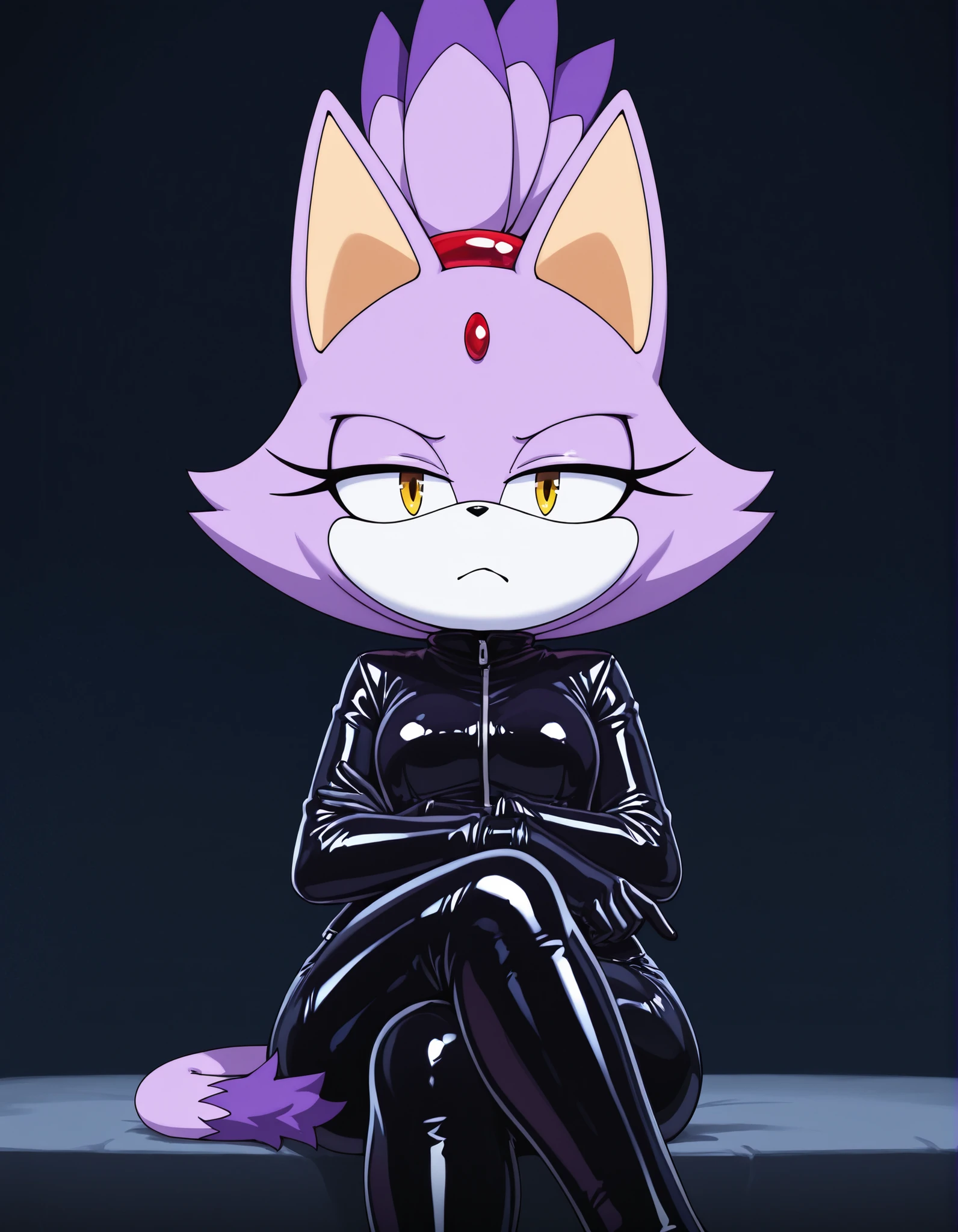 nbkwk,, 1girl, solo, latex, latex gloves, latex legwear, crossed legs, looking at viewer, relaxed expression, furry, blaze the cat, purple fur, topknot, ponytail, cat tail, yellow eyes, extremely detailed, highres, masterpiece, best quality,