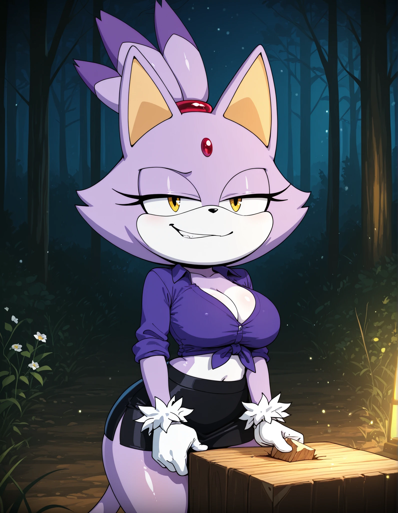 nbkwk,, solo, 1girl, blaze the cat, furry, shiny skin, short stack, (wide :0.8), white gloves, cleavage, black miniskirt, midriff, red checkered knotted top, tied shirt, BREAK smile, smug, BREAK night, forest background, (mountains:1.1), flower, wood chopping block, cowboy shot, BREAK masterpiece, amazing quality, best quality, very aesthetic, newest, absurdres, cinematic lighting, ambient occlusion, raytracing, colorglow, light shafts, light particles
