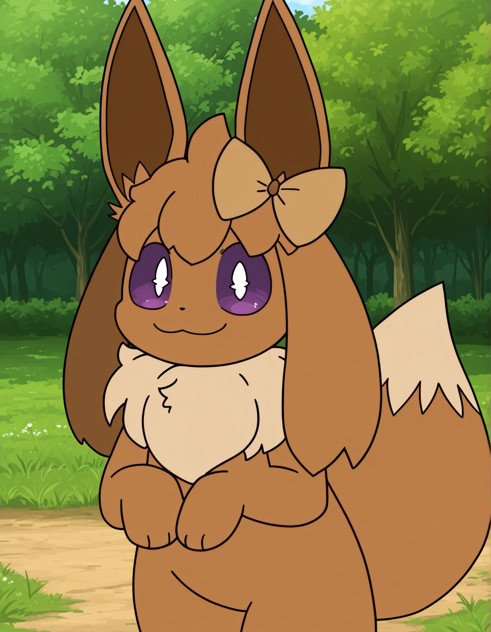 nbkwk,, pokekid, eevee, fluffy girl, furry girl, female, smile, smiling, has a big pretty bow in her hair, has animal paws for hands, 1girl, best quality, outdoors, high definition, cute,