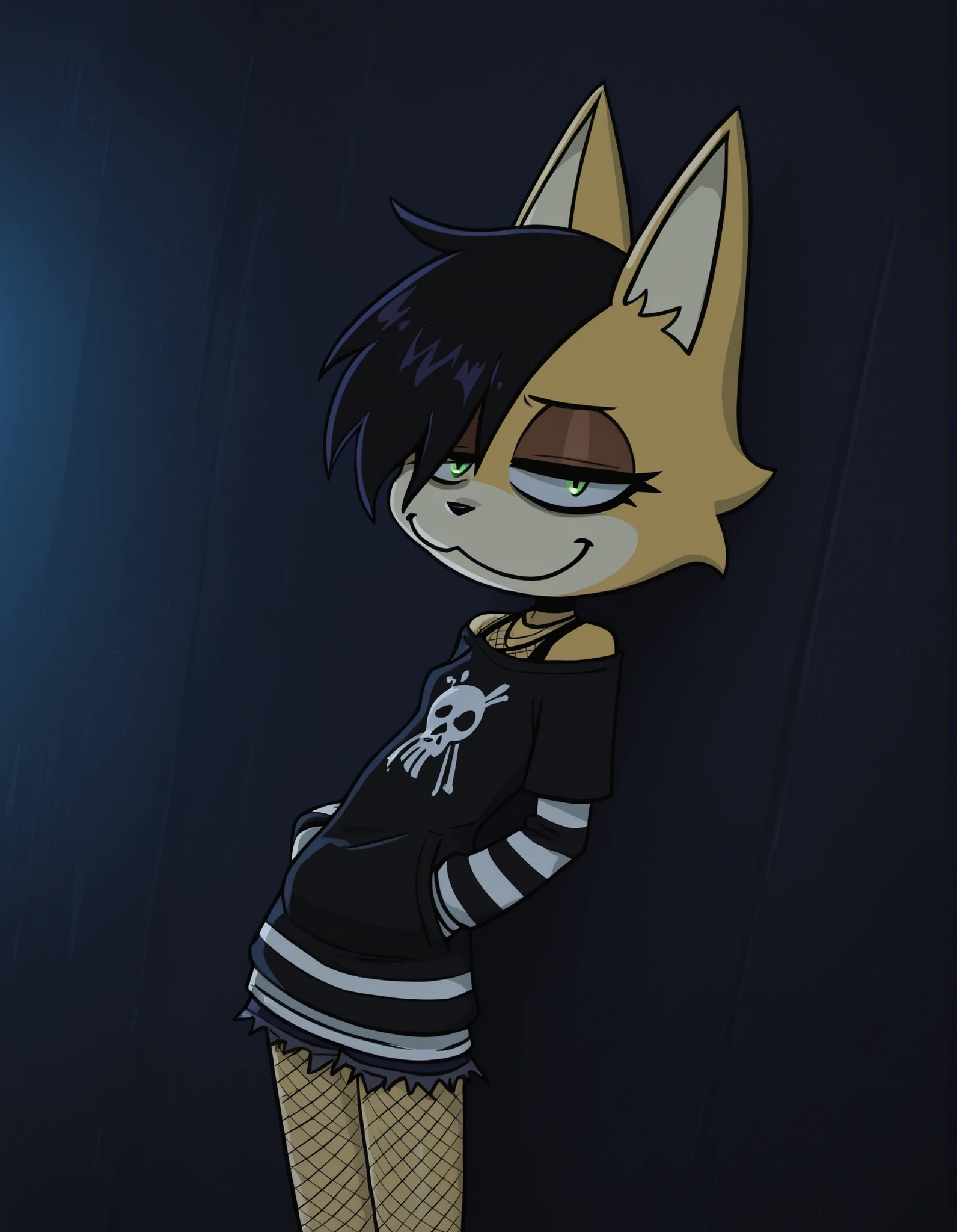 nbkwk,, volumetric_lighting, chiaroscuro_lighting, vibrant, shaders, against_the_wall, arched_back, 1girl, interior, solo, detailed, furry, cat, skinny, smug, ((cute_clothes, emo, fishnets)), white_fur, cute, claws, stare, soft_light, stylized, SuchHorriGir,