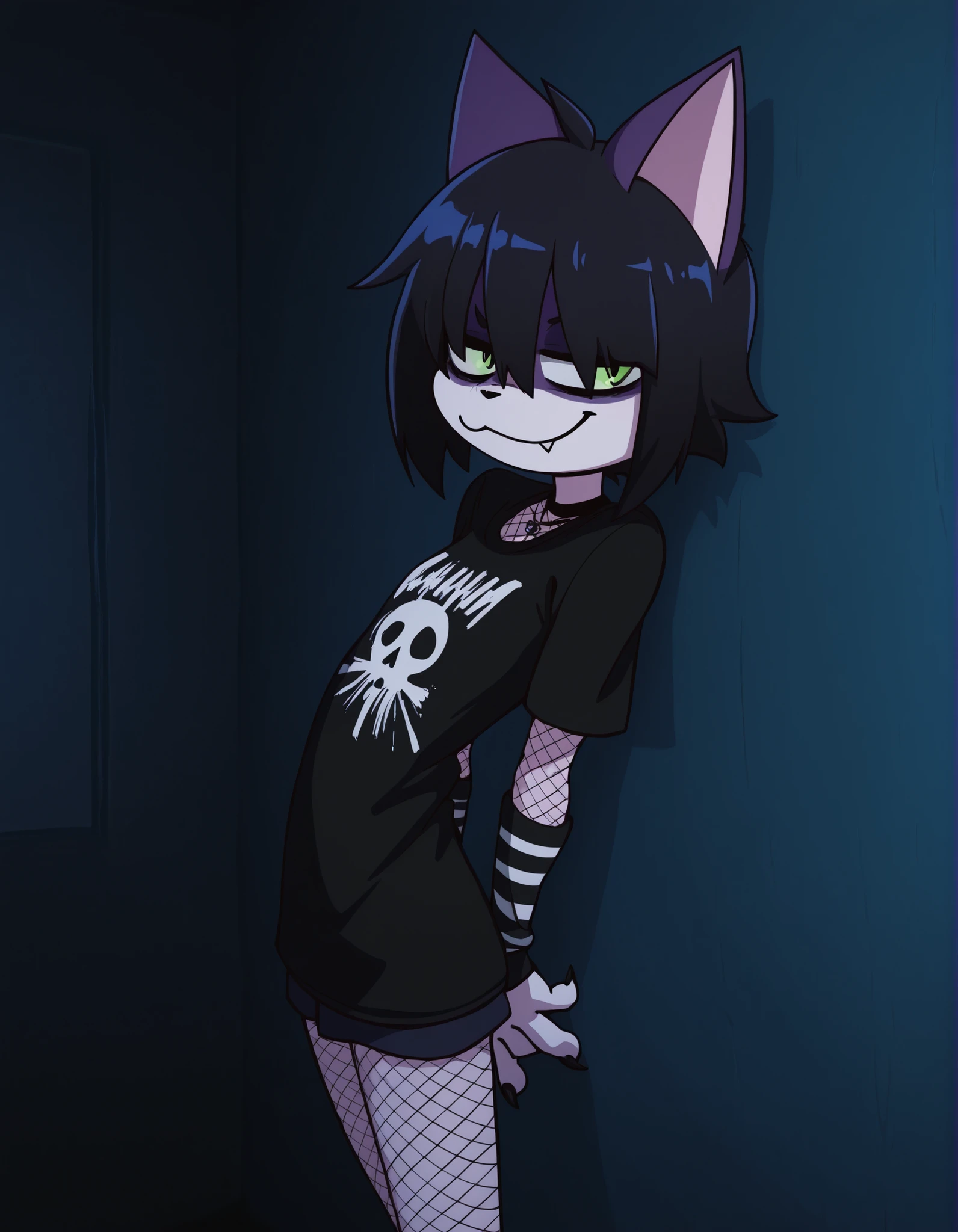 nbkwk,, volumetric_lighting, chiaroscuro_lighting, vibrant, shaders, against_the_wall, arched_back, 1girl, interior, solo, detailed, furry, cat, skinny, smug, ((cute_clothes, emo, fishnets)), white_fur, cute, claws, stare, soft_light, stylized, SuchHorriGir,