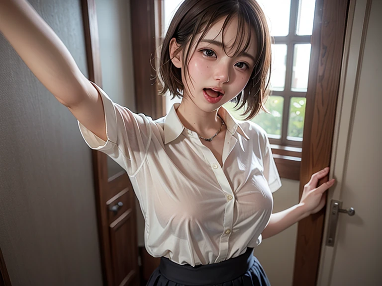 top-quality、facefocus、Soft light、(depth of fields)、超A high resolution、(Photorealsitic:1.4)、RAW Photography、is standing、portlate、
1girl in, 独奏, kawaii, full of shyness, (a smile:1.2), (The eye,catchlight), Detailed beautiful skin, (short_hair), (The shirt, skirt by the), huge-breasted、japanes,