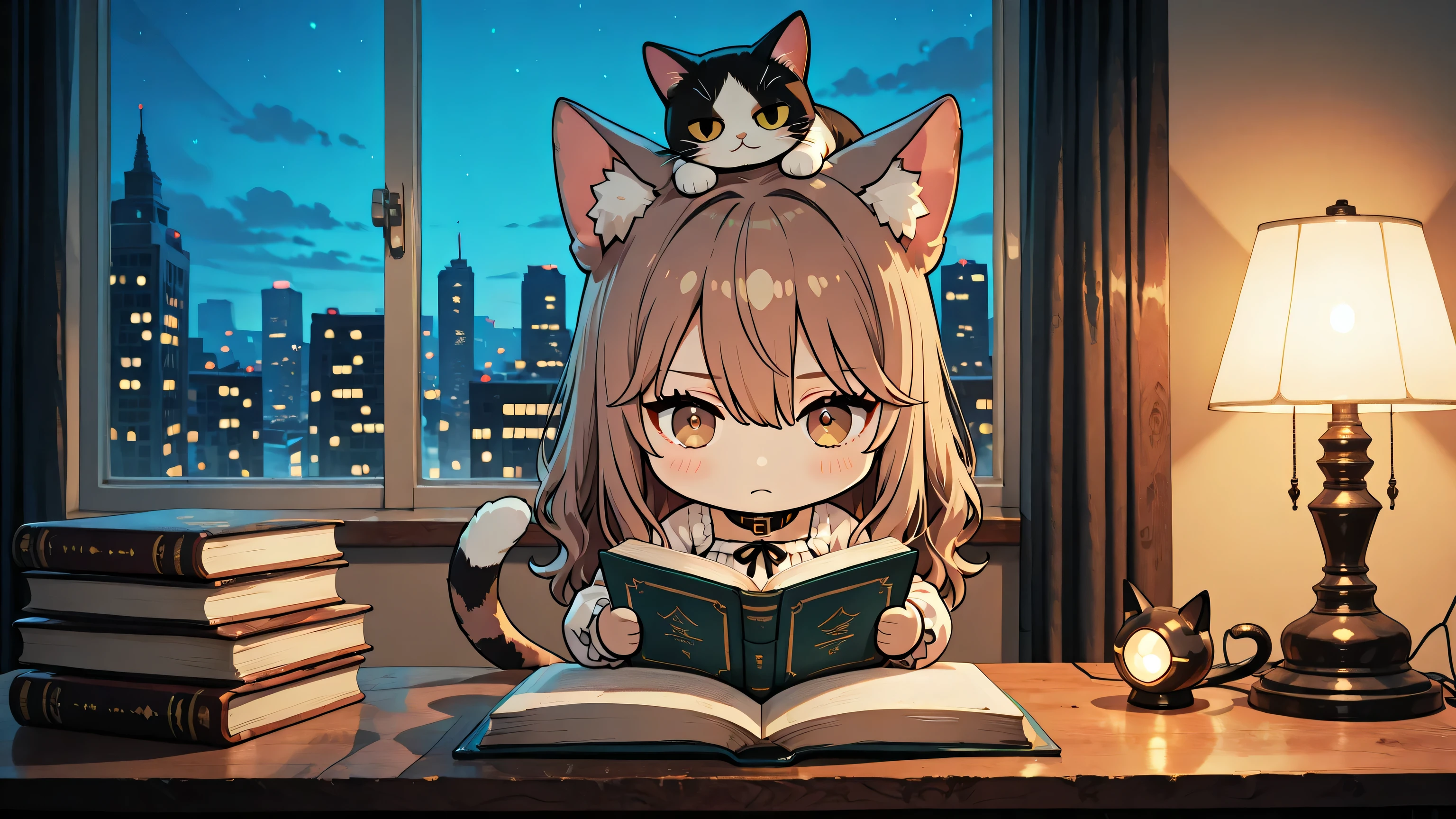 Chibi,(chibi:1.4),masterpiece , Highest Quality , high quality , very aesthetic , Newest , Volume Light, rating:safe, 1girl, solo, sitting, indoors, desk, book, holding_book, open_book,
long_hair, brown_hair, bangs, hair_between_eyes, brown_eyes, blush, cat_ears, cat_tail,
winter_sleepwear, long_sleeves, cozy_outfit, ribbon, collar, bow,
wooden_table, book_stack, window, modern_window, night_cityscape, building_lights,
warm_lighting, lamp_light, dim_room,
late_night, calm, quiet, reading, focused_eyes, looking at viewer, waist-up, half body view, cat on girl's head,