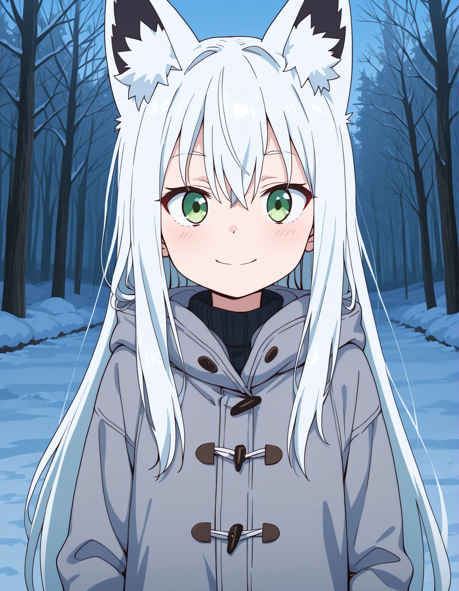 nbkwk,, anime, solo, BREAK, young fox girl, skinny and frail, (petite,cute:0.5), green eyes, looking at viewer, long hair, white hair, smile, winter clothes, outdoors, winte
