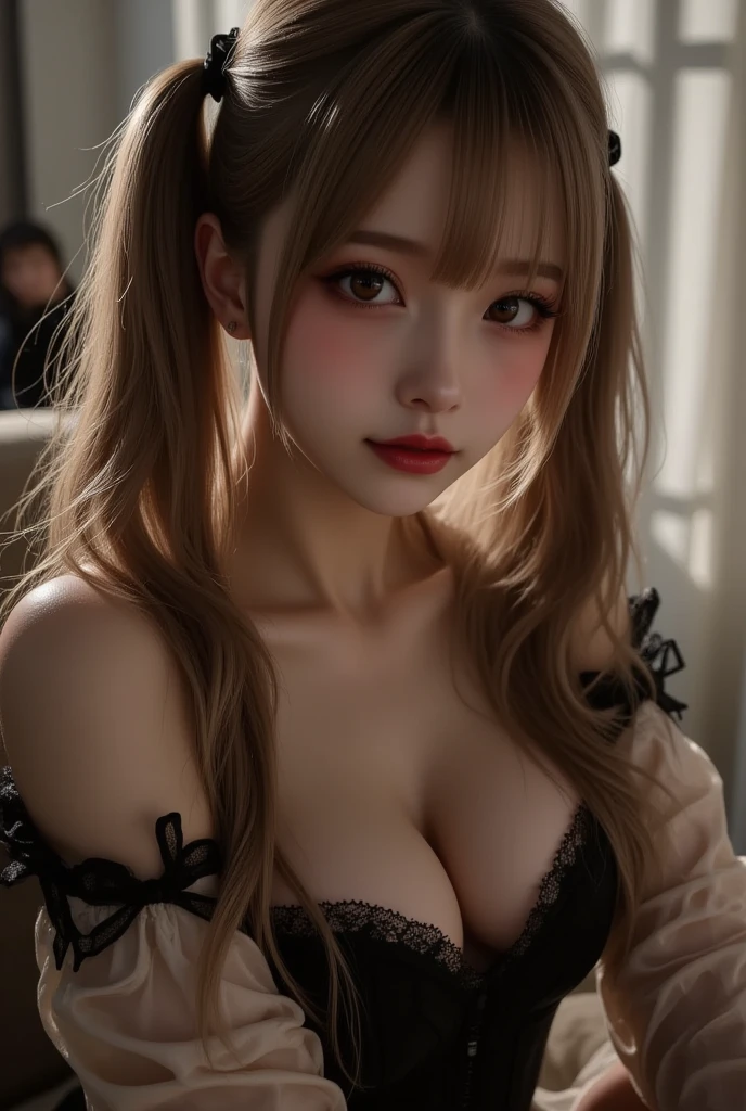 (Hyper Real), ancient shrine maiden, female shaman, giant beauty, safe, high resolution, real short hair, blonde, blonde woman, skin texture details, super high resolution, realistic, plump figure, smile, beautiful expression, small purple hair Airy long blonde hair, divine spirit, very delicate and detailed skin texture, (ancient luxury luxury temple), ancient priestess, big cleavage, plunging neckline, big red lips , (luxurious black costume and luxurious accessories)