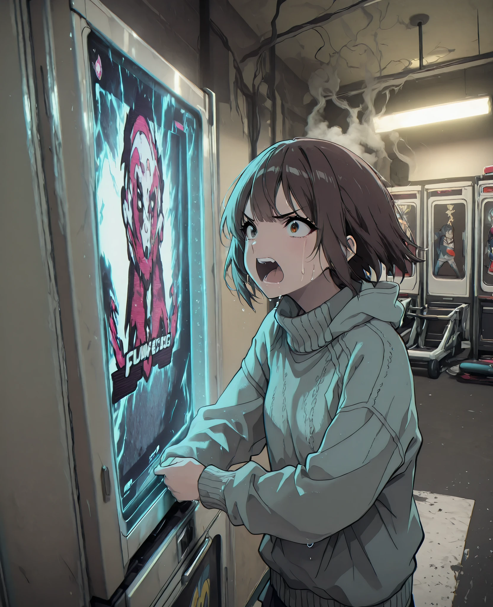 1985 dim Japanese arcade, TEHKAN WORLD CUP upright cabinet with soccer screen glow.
20s obsessed player in sweater hunched, hands blurring on trackballs, body twisting wildly left-right.
Sweat-drenched face, bloodshot eyes locked on pixel goal chaos, yelling "ゴールだぁぁ!!".
Photorealistic 80s vibe, smoke haze, flickering lights, pure manic joy.