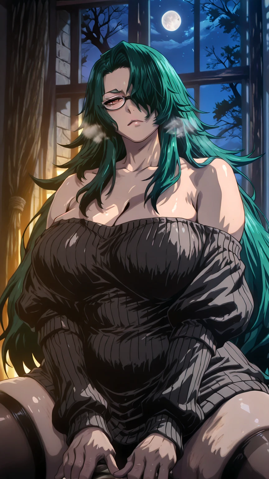 Meteor, Manhwa, L_Cation2, babu-style, Hgk, (toi8-style:1.5), (jeneral-style:1.2), (haikawa_hemlen-style:1.4), (saintshiro-style:1.3), (tomose_shunsaku-style:1.2), ((anime coloring, anime screencap)), shiny skin, Hand drawn, cinematic, Sharp focus, humorous illustration, big depth of field,(cellulite:1.2) Masterpiece, ((cinematic, backlighting)), concept art, trending on artstation, Vivid colors, Simplified style, trending on ArtStation, trending on CGSociety, Intricate, Vibrant colors, Soft Shading, Simplistic Features, Sharp Angles, Playful, (voluptuous body:1.4), (mature female:1.4), ((anatomical correct)), perfect body, perfect eyes, perfect fingers, gasping, heavy breathing, gasping profusely, ((skindentation)), ((curvy)), Rose, brown eyes, long hair, hair over one eye, green hair, very long hair, bright pupils, plump,  1girl, breasts, solo, cleavage, looking_at_viewer, glasses, window, off_shoulder, collarbone, bare_shoulders, moon, round_eyewear, tree, sweater, night, sitting, indoors, off-shoulder_sweater, (glowing eyes:0.7)