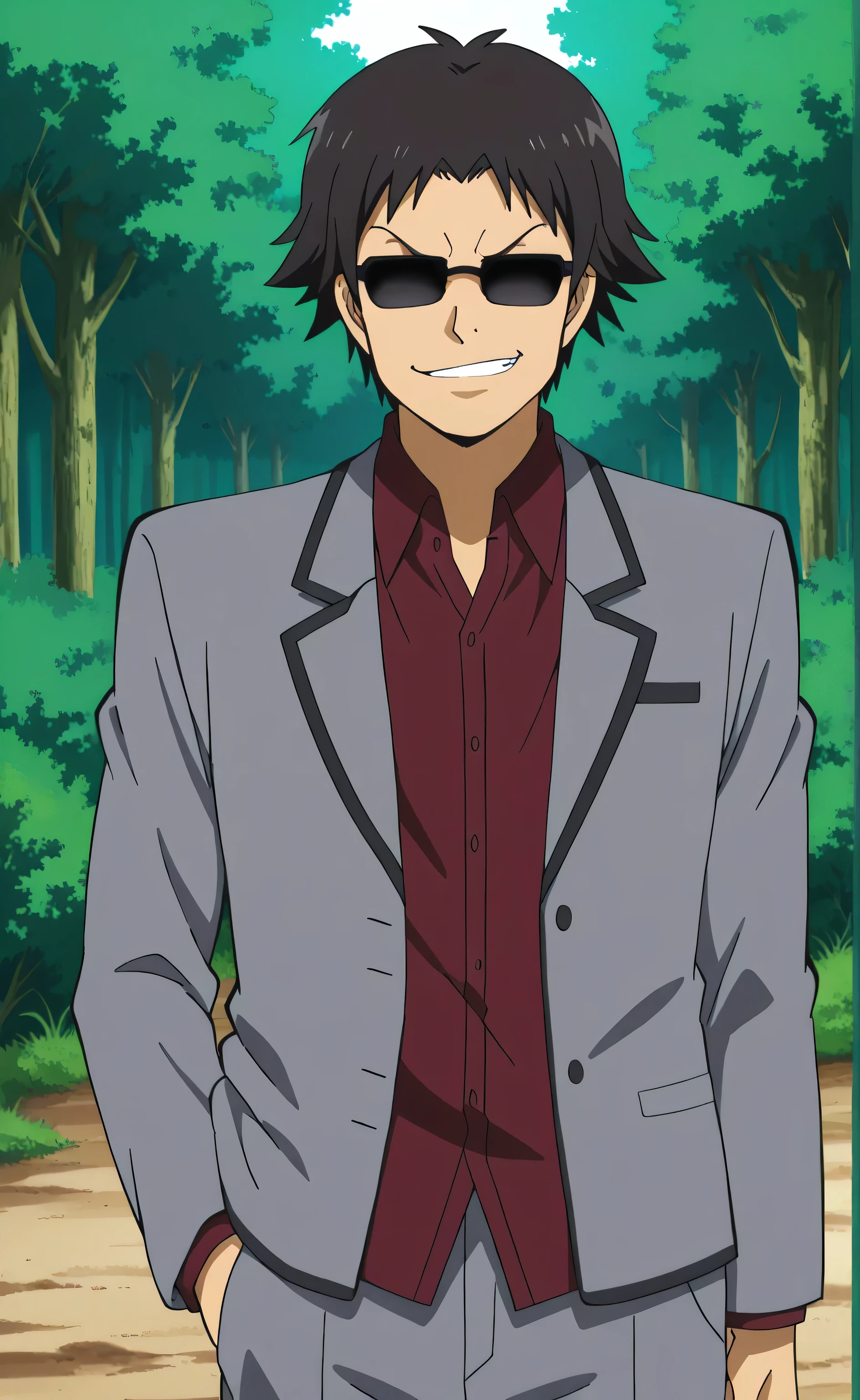 1male, solo, Vodka, short hair, black hair, not eyes, sunglasses, smirk, grey blazer, dark-red shirt, grey pants, forest, Assassination Classroom