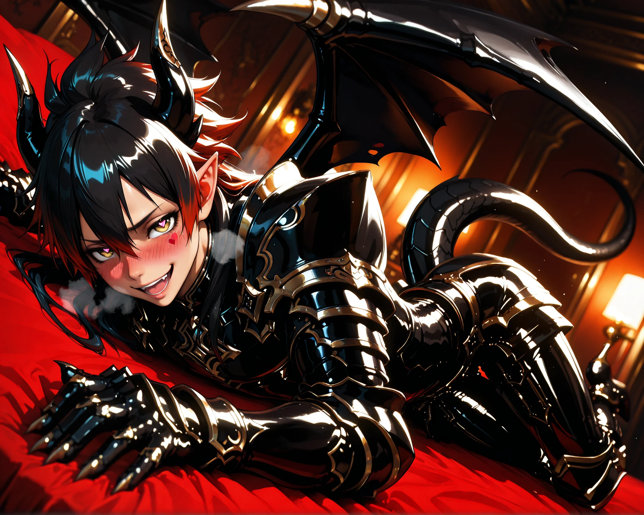score_9, score_8_up, score_7_up, absurdres, (((128K Ultra High Resolution))), (masterpiece, best quality: 1. 5), (high definition: 1. 4), (highres), 8K wallpaper, (excellent graphics: 1. 5), CG, (((Japanese Anime style))), (1 male), (solo), (((lean body, masculine))), weredragon, glossy black, shiny black leather, (((beautiful golden eyes, finely detailed eyes, bright eyes, heart symbol eyes))), hair between eyes, black hair, long hair, sideburns, wild hair, (((sadistic smile, naughty face, open mouth))), ((ultra detailed face)), (((blushing, heavy breathing))), shiny skin, long pointy ears, twisted torso, long-legged, sculpted face, wasp waist, dragon horn, dragon tail, dragon wings, dragon sharp claws, (black armor with a lot of grandiose decorations: 1. 5), half dragon half human, (on a luxurious bed, lying in bed, bed waiting for you: 1. 5), (looking straight into the camera, dutch angle, dynamic pose: 1. 5), (ultra detailed black armor, well-polished black armor: 1. 5), (gold-adorned armor: 1. 5), all black outfit, full body, sharp focus, good-looking man, (best illustration, highly detailed artwork: 1. 5), dramatic lighting, (intricate detail, extreme detailed, super detailed: 1. 5), (stark contrast, heavy shadows: 1. 3), ((detailed black decorations)), beautiful & aesthetic, photoreal, (from side), (mysteriously crafted black metal armor: 1. 5), thick & luxuriant hair, (ultra detailed fantasy black armor, wonderful black armor: 1. 5), (realistic metal texture), broad shoulder, true-to-life visuals, artistically refined, (extremely delicate & beautiful armor, elaborate armor details: 1. 5), (giant black armor, dark armor, stylized armor: 1. 5), (((armor-type high heels))), (extremely detailed armor with intricate engravings, intricate armor with gold ornaments: 1. 5), ((very gorgeous and dazzling)), (dark fantasy black knight: 1. 5), slim waistlines, wide chested, sinewy body, (Hyper Detailed & Perfectly Designed Black Armor: 1. 5), (luxury bedroom)