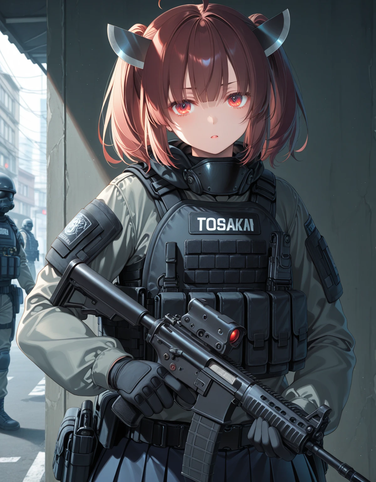 A pink haired woman with violet eyes is posing at a convention