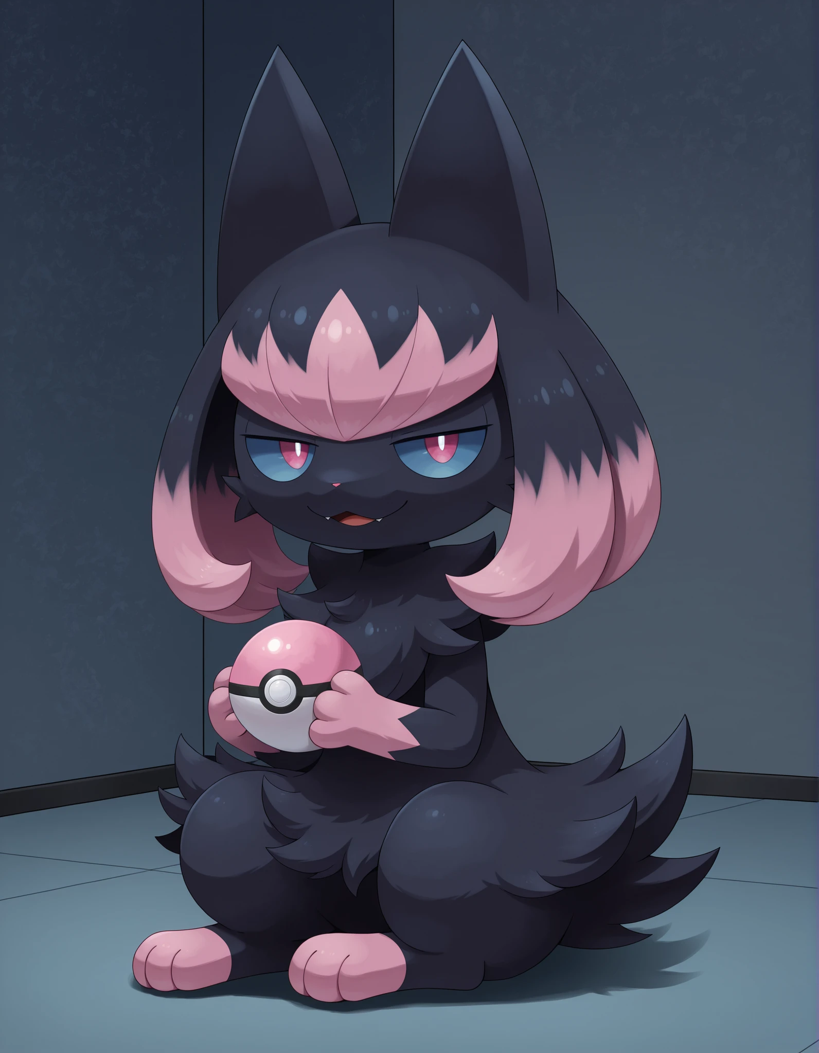 Noxmauve, pokemon_\(creature\), black_fur, pink_eyes, blue_sclera, black_hair, pink_hair, multicolored_hair, gradient_hair,, open mouth, nbkwk, pokemon (creature), closed mouth, no humans, half-closed eyes, solo, indoors, furry, full body, simple background, smile, sitting, holding, standing, colored sclera, looking at viewer,