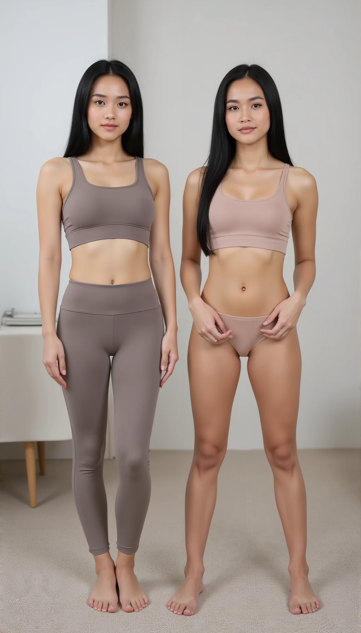 Two young girls standing side by side in the office、Picture of the same person standing side by side, The one on the left is wearing a gym pilates tight outfit open button uniform reveal bra, (On the right side is underwear wearing a bra and tight sheer cotton brief, camel toe)、spread open legs apart