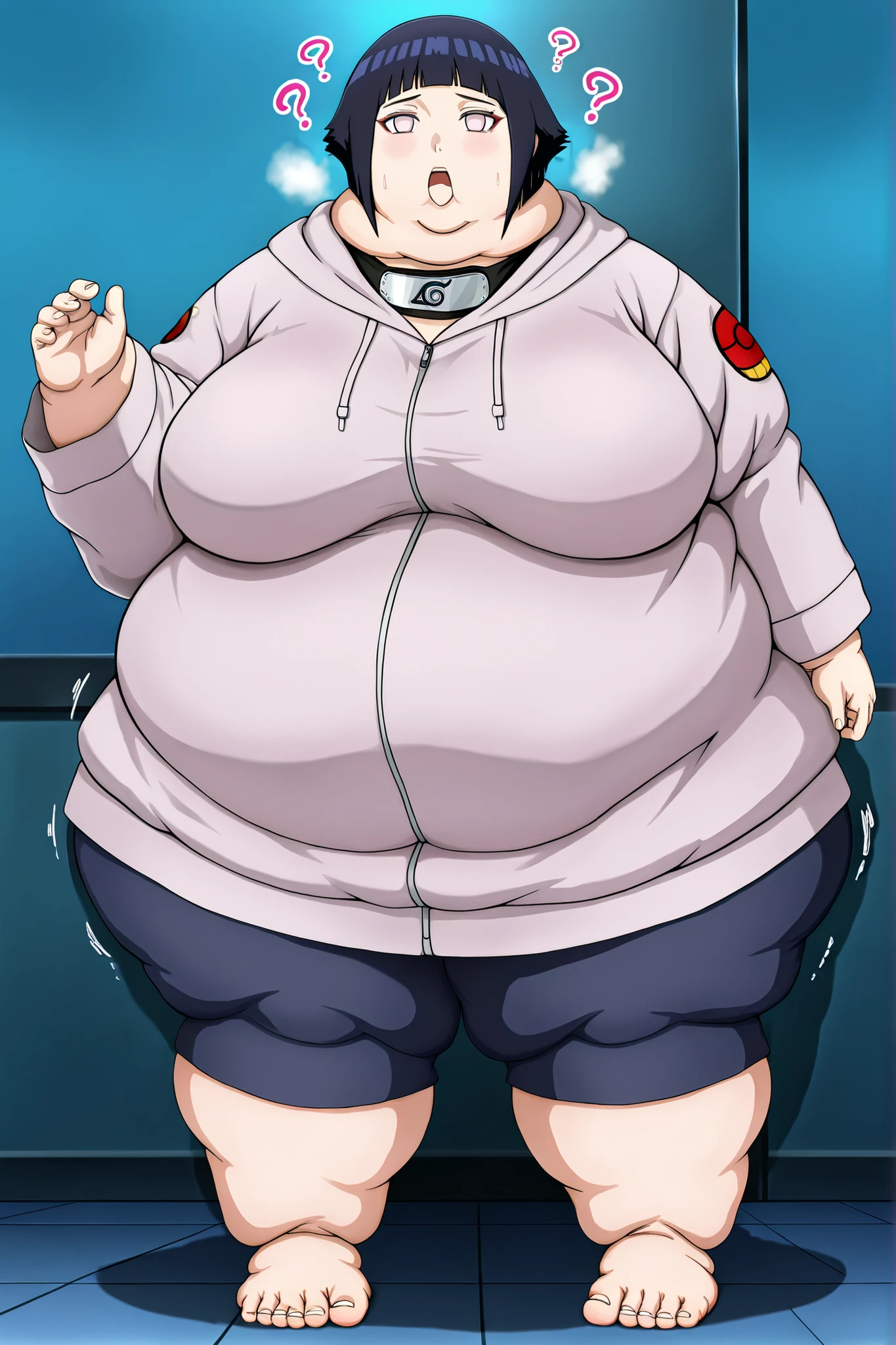 (masterpiece, ultra high definition, 16k, intricate), sharp focus, crisp details,
1girl, solo,
curvy, breasts, wide hips, female_orgasm, heart_shapes, twitching,
score_9, score_8_up, score_7_up, anime screencap BREAK, 1girl, hyuuga hinata, short hair, black hair, no pupils, blunt bangs, shiny hair, white eyes,
((Hypnosis, mind_control)),
pink_eyes, empty_eyes, glowing_eyes, ((expresionless)),
large breasts, fat, chubby, obese, fat neck, multiple chins, big breasts open mouth, out of breath, Larger female, full body shot, only head, large head, oversized limbs, large hands, large feet, oversized feet, oversized fingers, big lips, plump lips, fat face, fupa, big fupa, fat fupa, hunchback,,
hoodie, hood down, long sleeves, capri pants, forehead protector,