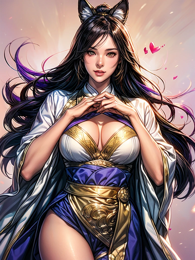 masterpiece, (Reality:1.5), Realistic eyes, Asian woman, best quality, Beautiful Lights, Professional lighting, Photon Mapping, Radiosity, Physically Based Rendering,, Nezuko Kamado, 1 Girl, Black Hair, forehead, hair Ribbon, Hanfu, Black long hair, Colorful hair, open mouth, Colored eyes, Pink Kimono, pink Ribbon, Ribbon, Smile, Very long hair, Sky, ((grown up)),, (RAW photos, 8K Ultra HD, Film Grain)(Huge ), (Bust is about to burst:1.4)