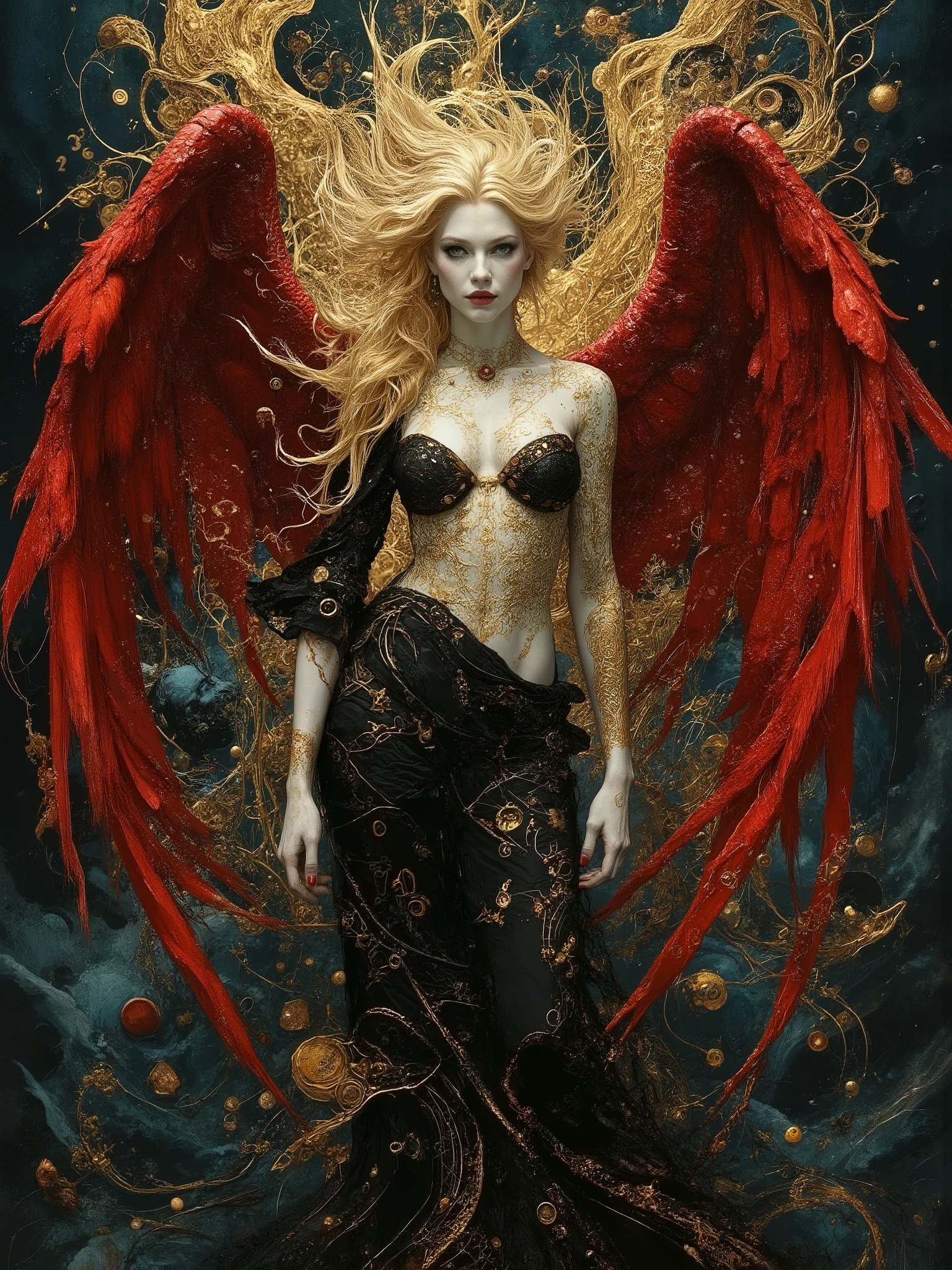 In a dreamlike realm of cinematic darkness and deep shadows, a ravishingly beautiful pale-skinned goddess stands provocatively alive with curves accentuated by her black low-cut dress embroidered with sacred equations and esoteric symbols in shimmering gold thread. Her wild dirty blonde hair frames a seraphic face with smoldering blue eyes that gaze at the viewer in an eldritch manner as she grins roguishly while weaving an incantation. Majestic feathery red leather wings with shimmering scales unfold dramatically from her back while a large gold and ruby necklace radiates an otherworldly aura around her neck. Behind her, a titanic cosmic maelstrom churns with glimmering phantasmagoria and eerie cosmic forms as she unleashes nature's powers in a blast of magical energy. The atmosphere features atmospheric haze, low-key lighting and masterful chiaroscuro techniques. The surreal fantasy scene blends the dark mystical elements of Gerald Brom's Gothic art, the vibrant depth of Noah Bradley's dreamscapes, and the ethereal cosmic aesthetic of Andrew Gonzalez, rendered with meticulous attention to erotic undertones, intricate details, high contrast, believable textures, and photorealistic quality.