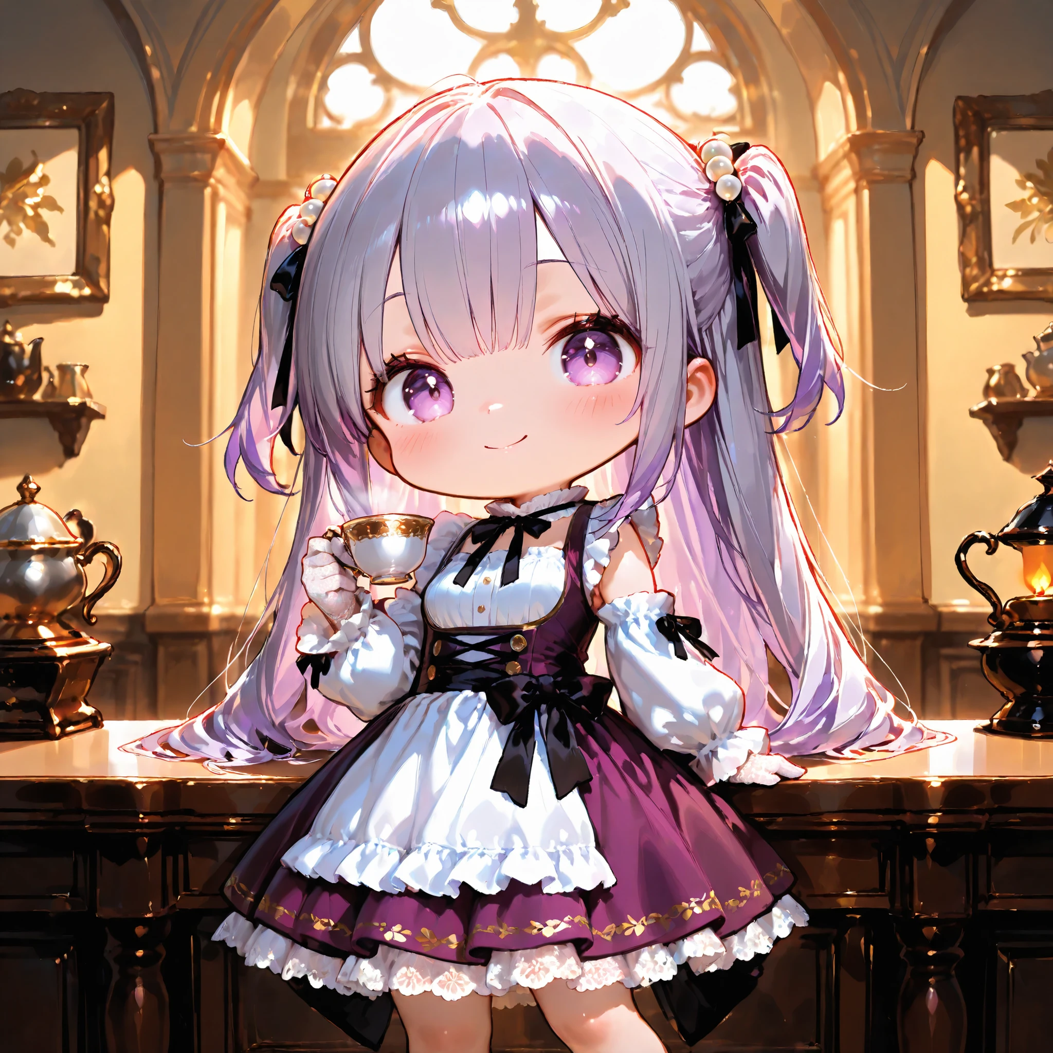 solo, Shiny skin, cute,
masterpiece, best quality, ultra detailed, high resolution, 8k, caustics, super detailed skin, perfect anatomy, dynamic lighting, elaborate eye depiction, beautiful detailed eyes.
a cute anime girl.
# body
very slim waist, curvy figure, slender figure, soft curves, medium breasts.
sd character, super deformed, chibi.
# expression
soft gentle smile.
# eyes
large sparkling amethyst-purple eyes.
# hair
long straight hair, two-side up hairstyle, pale lavender hair color, airy bangs.
# outfit
classical brown dirndl dress, sheer puff sleeves, layered frill sleeves, tiered ruffle very long skirt,
white lace collar, small pearl ribbons, white lace gloves.
color palette: lavender purple and brown with faint beige and subtle gold trim.
# pose
standing, slight contrapposto, holding a single teacup with one hands,
cute and elegant posture.
# background
antique tea salon with ornate decor, warm elegant atmosphere.
# composition
upper knee view, balanced warm lighting, fine line art, delicate line drawing, thin outlines, clean outlines, minimal noise.
