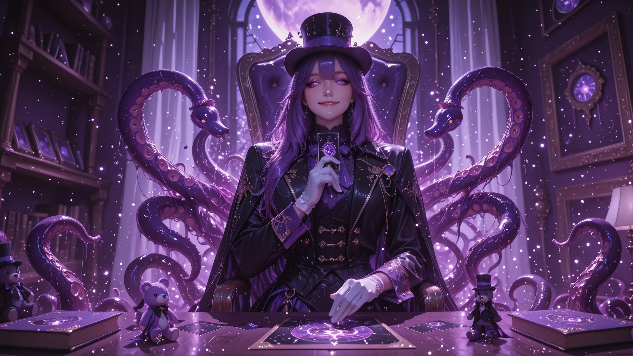 ((detailing)), (8K Ultra HD), (masterpiece), (extremely detailed), (best illustration), lighting, detailed brightness, (well-defined eyes, detailed 8K HD), (accurate body anatomy), (five fingers on each hand, detailed 8K HD)
A handsome young man of middle age sits in an elegant chair behind a stylish desk, where a
chubby purple plush toy sits surrounded by antique books and eerie lights. In the background, a window reveals a purple full moon, and tentacles emerge from the plush toy.
Attire
• Black jacket with gold embroidery, like a circus ringmaster.
• Top hat: Floating,
• White gloves: But stained with dark ink,
• Boots: Shiny patent leather,
Decorations:
• Seven floating tarot cards.
• Lamp that casts tentacle-shaped shadows.
• Seated elegantly but masculinely
• A wide, psychopathic smile
• Holding a tarot card