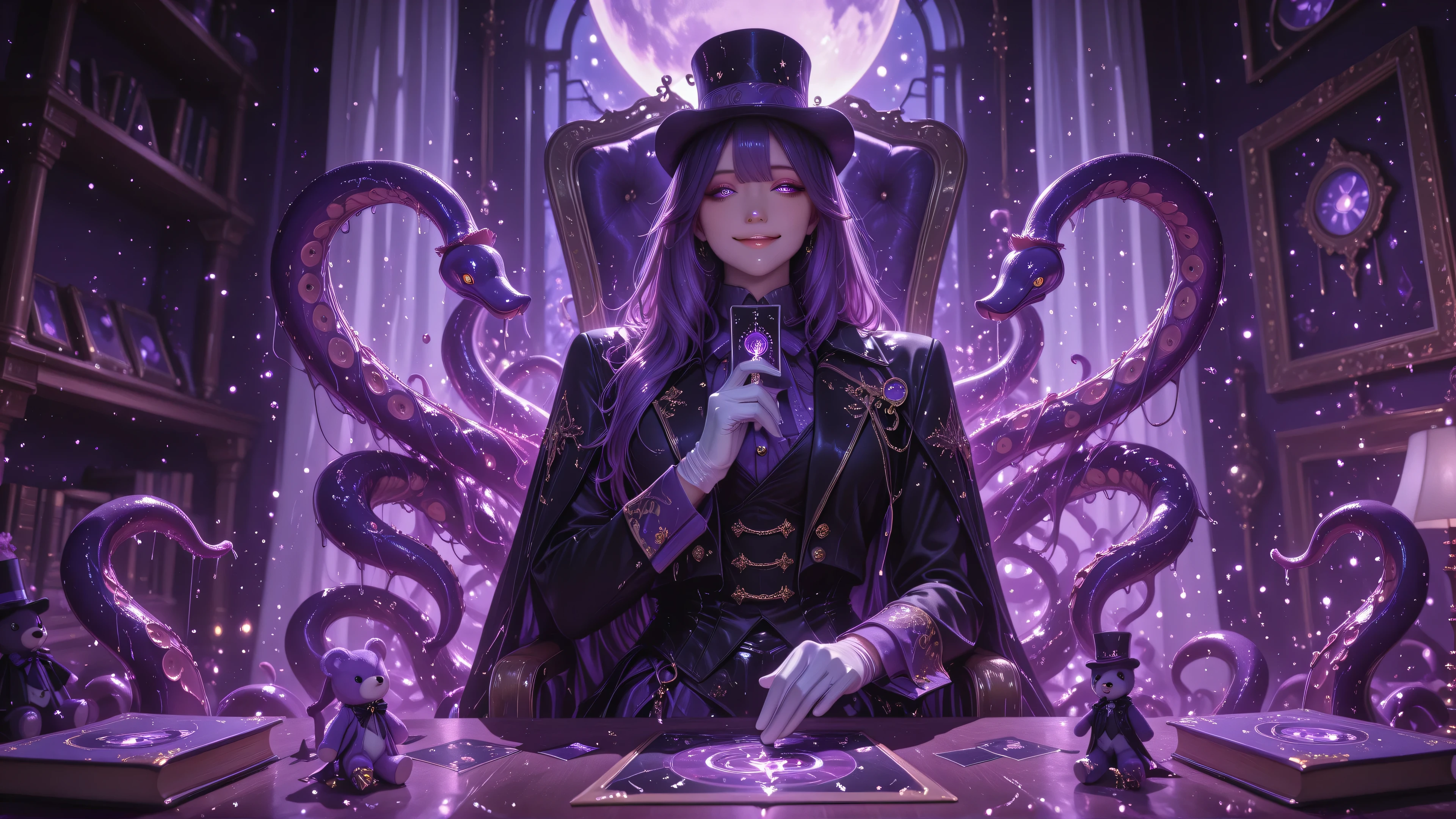 ((detailing)), (8K Ultra HD), (masterpiece), (extremely detailed), (best illustration), lighting, detailed brightness, (well-defined eyes, detailed 8K HD), (accurate body anatomy), (five fingers on each hand, detailed 8K HD)
A handsome young man of middle age sits in an elegant chair behind a stylish desk, where a
chubby purple plush toy sits surrounded by antique books and eerie lights. In the background, a window reveals a purple full moon, and tentacles emerge from the plush toy.
Attire
• Black jacket with gold embroidery, like a circus ringmaster.
• Top hat: Floating,
• White gloves: But stained with dark ink,
• Boots: Shiny patent leather,
Decorations:
• Seven floating tarot cards.
• Lamp that casts tentacle-shaped shadows.
• Seated elegantly but masculinely
• A wide, psychopathic smile
• Holding a tarot card