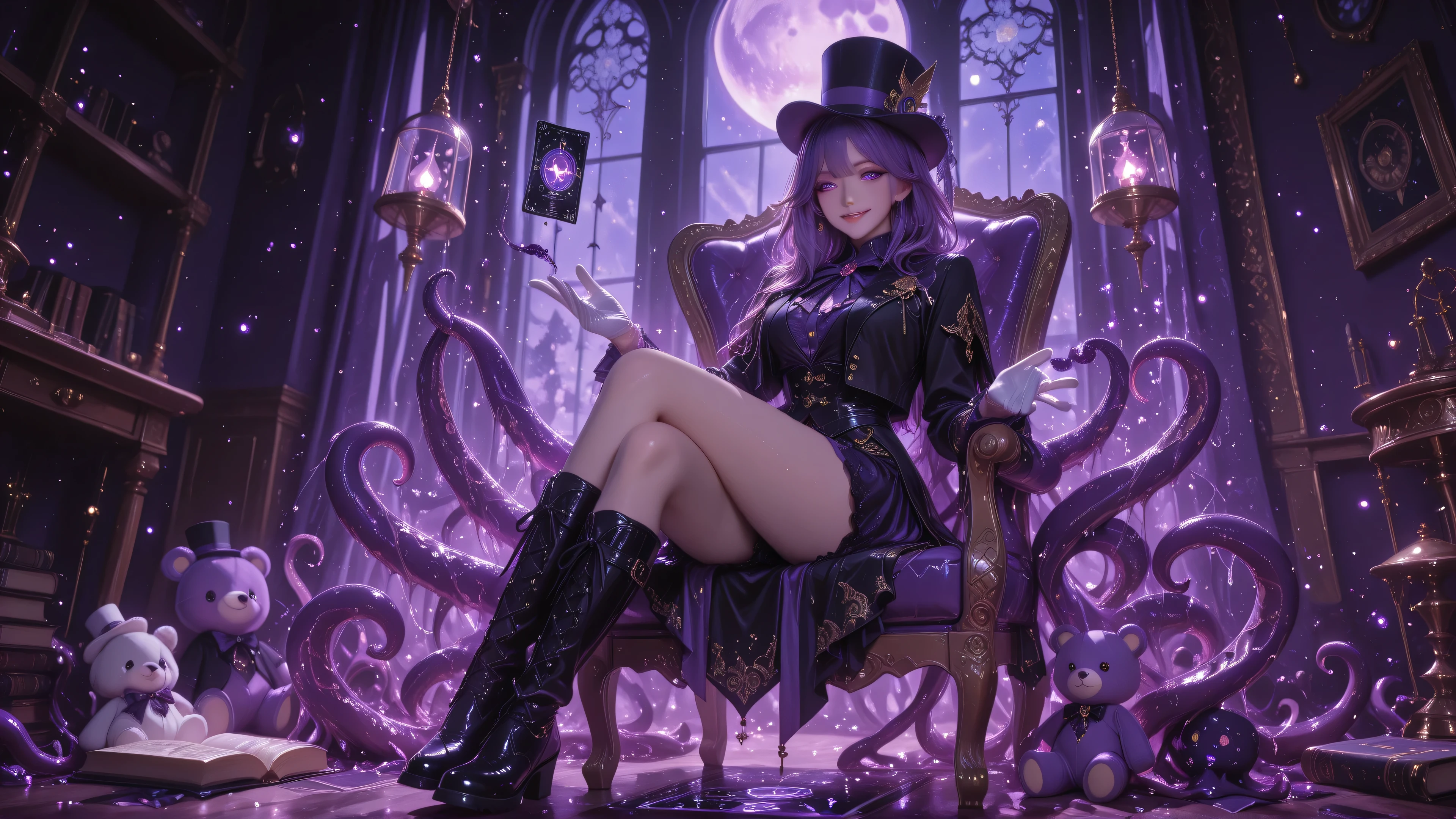 ((detailing)), (8K Ultra HD), (masterpiece), (extremely detailed), (best illustration), lighting, detailed brightness, (well-defined eyes, detailed 8K HD), (accurate body anatomy), (five fingers on each hand, detailed 8K HD)

A handsome young man of middle age sits in an elegant chair behind a stylish desk, where a
chubby purple plush toy sits surrounded by antique books and eerie lights. In the background, a window reveals a purple full moon, and tentacles emerge from the plush toy.

Attire
• Black jacket with gold embroidery, like a circus ringmaster.

• Top hat: Floating,
• White gloves: But stained with dark ink,
• Boots: Shiny patent leather,

Decorations:
• Seven floating tarot cards.

• Lamp that casts tentacle-shaped shadows.

• Seated elegantly but masculinely
• A wide, psychopathic smile

• Holding a tarot card