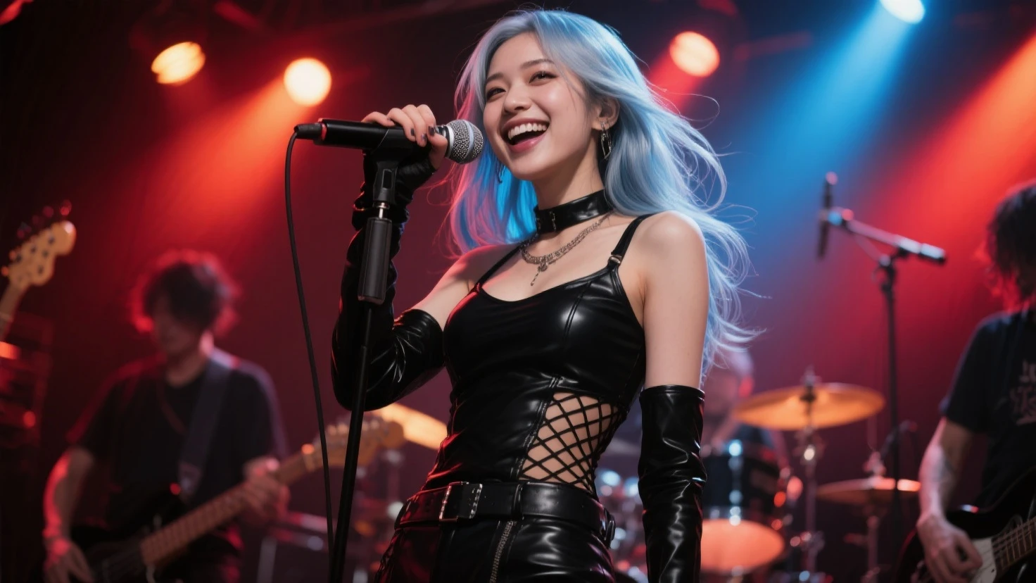 ((best quality)), photorealistic, photorealism, Photorealistic, high resolution, ((Wearing pink  satin dress))、smile、A superb beauty、Super cute、ennui、Rare beauty、Very Short hair、Black Dark Eyeshadow、Sad、white skin、pale skin, Very short hair layered、Dark Gothic Makeup、Cute Smile、Fragrant beauty、Stained glass background、Mastepiece、Best Quality、Refers to 5 books、Sweat glistening on my 、Sweat glistening on my face、、Blue hair、Age 20 years old、Mysterious look、A sad expression、Blue Hair、Glamorous concert stage、enchanting castle、Sweating profusely all over the body、A lot of sweat and light on the thighs、Shiny thighs、Plenty of sweat glistening on the thighs、A large amount of sweat glistens on my thighs、Sweating profusely、Gal、、Beautiful face、Alluring expression、Sitting、Sitting playing guitar、Thick thighs、Playing guitar、I have a guitar、Sing a song enthusiastically、Playing guitar in a band、Rock band、Playing guitar chords、Live House Background、Sing a song、Open your mouth、Live house scenery、Mic stand、Glamorous live stage、Dynamic Angle、Cinematic lighting