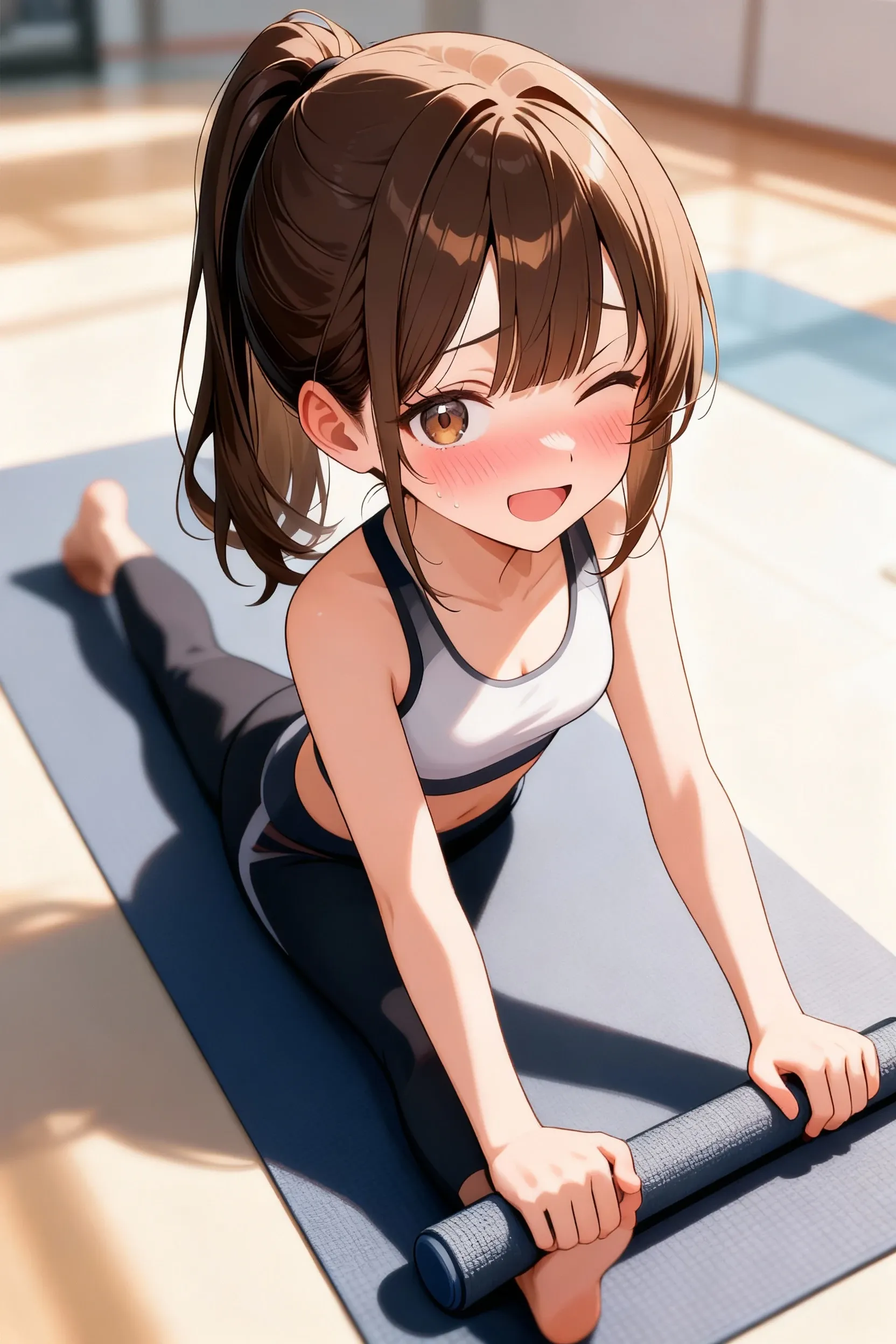 8k、masterpiece, highest quality, Ultra-high resolution, Highest Resolution, Professional Lighting, Orange lighting、Backlight、Antique wooden interior、Foliage plant、Large indoor、Full body angle shot、Dim lighting、Raise your hands above your head in prayer、Sitting cross-legged、Yoga poses、woman, Small face、White skin、Light blue long hair、Beautiful Eyes、Beautiful eyelashes、Beautiful Eyes、highlight:1.2)、Beautiful legs、 (Detailed face and iace:1 2)、(Twin tails ) 、(Oval Face : 1.4)、(Realistic skin texture, Realistic))、((Detailed face,Round face contour、Brown Hair、Yoga Wear 、tops、 Yoga pants 、Yoga leggings、  Gym 、Pilates Wear 、Yoga Wear 、Fashionable、 Short sleeve、 Hot Yoga 、leggings、Striking a rhythmic gymnastics pose on a yoga mat、Lift one leg up、Violent Movement、Hunchbacked, low posture、????????????、Raise one leg、Take a low posture、Sports Yoga、Yoga poses、Dynamic action poses, large firm round ???????, ??????????, large thighs, wide ????, thin waist 