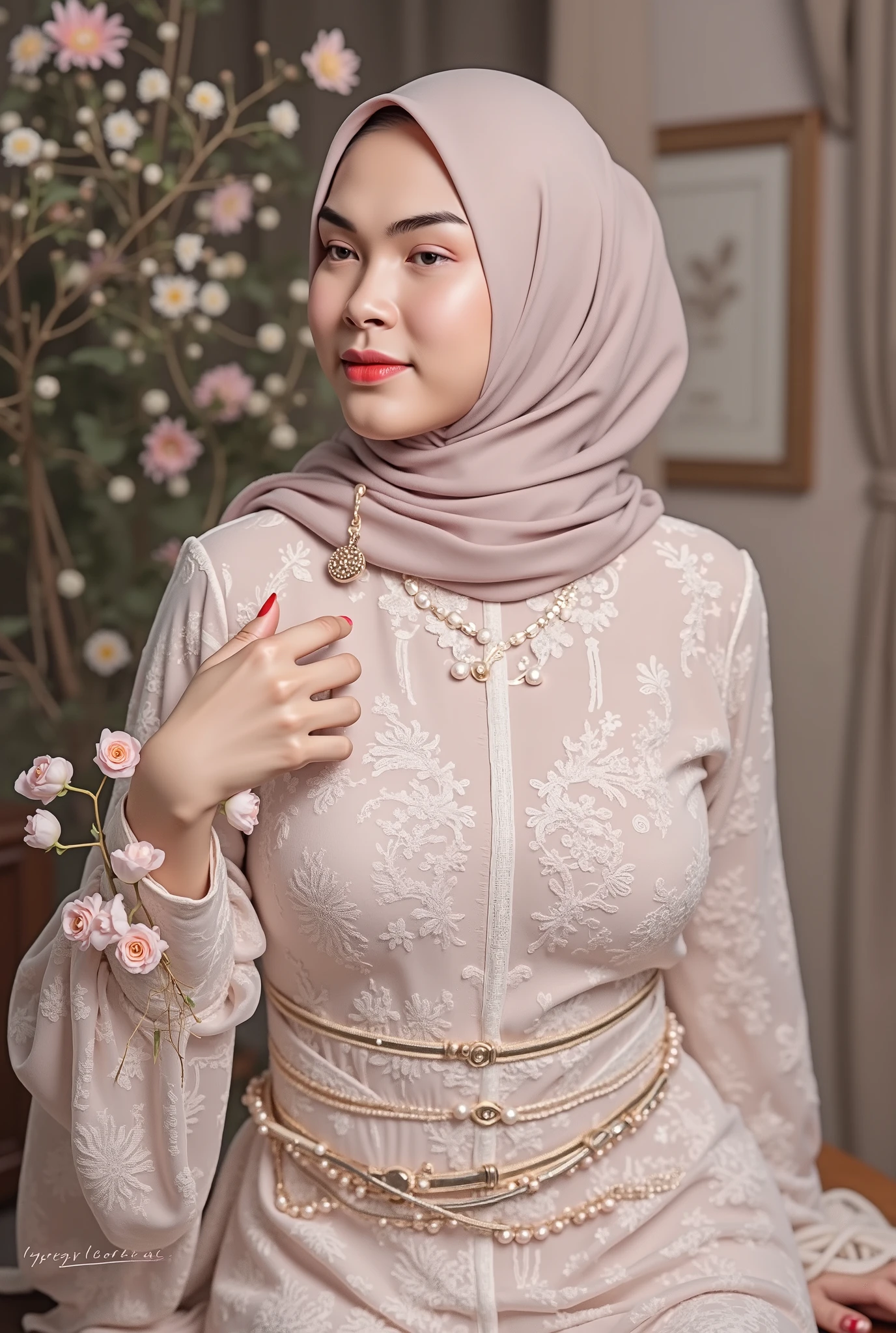 hyper HD, Masterpiece, Textured skin, 4K, Best quality of potrait a Beautiful hijab hooded asian woman white fairy skin wearing kebaya outfit , perfect veil hijab muslimah style, detail scarf , close-up half body , happy vibes, beauty smile open mouth showing teeth , smiling confident , looking at outside, aside dynamic relax pose , large breasts , muscle upper body , ultrarealistic , hyper detail , sharp and smooth , best quality , high resolution .