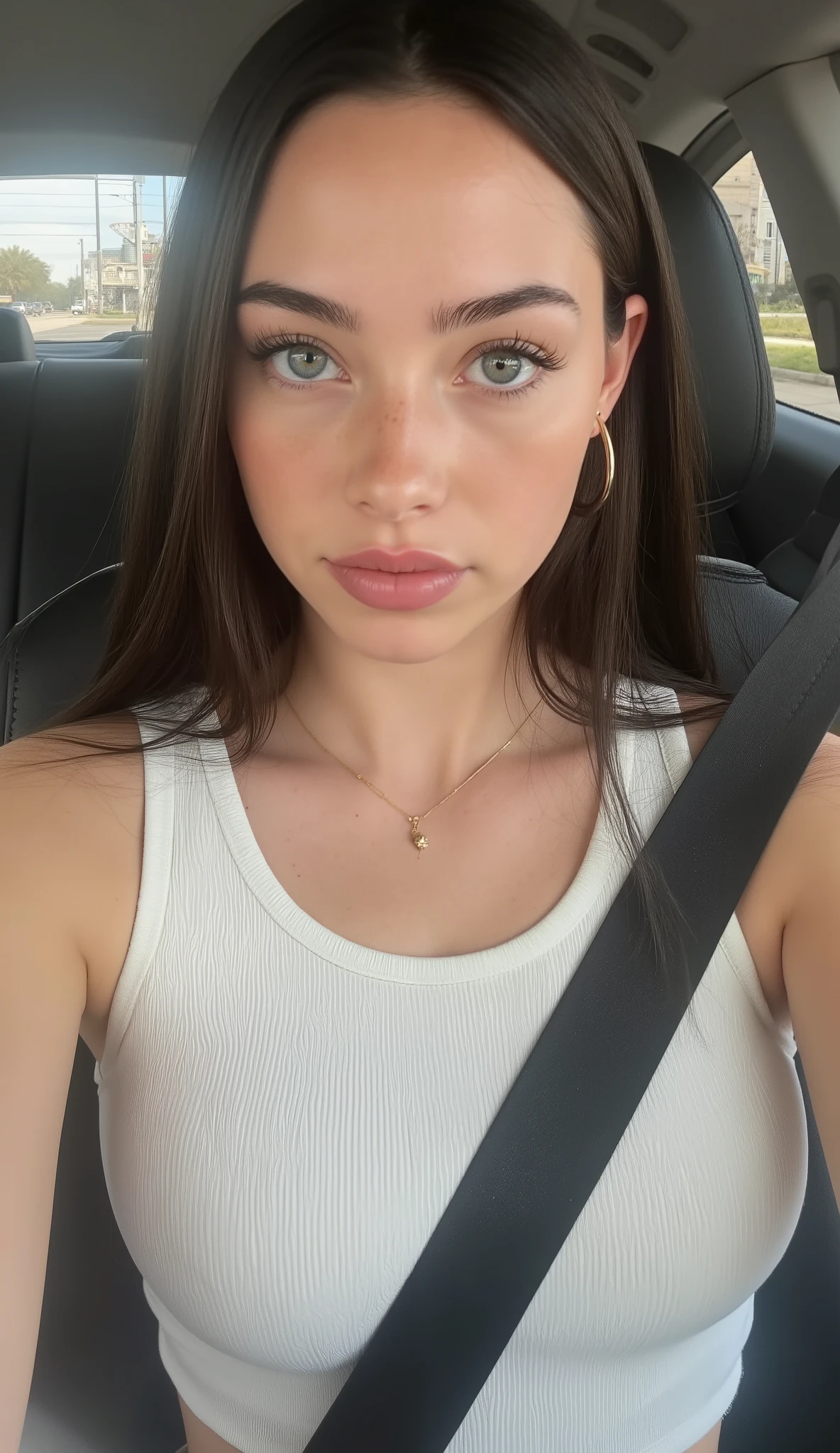 Very young sexy girl 18-20 year old taking fashion photo and looking on camera, long eyelashes, luscious lips, oval face shape, perfect face, perfect hands with five finger, perfect nose, big breasts, firm breasts, taken in 2 0 2 4, Retrato Sophie Mudd, pose casual, 1, foto perfil, Kailee Mandel, 2, A spontaneous, candid close-up selfie of a young adult Caucasian female seated naturally in the front seat of a black leather-upholstered car, wearing a white crop top and jeans. She accessorizes with a delicate gold necklace pendant, gold wristwatch, and elegant gold hoop earrings. Her long, straight, naturally styled dark hair is gently held by one hand, with a black car seatbelt crossing her relaxed posture. Warm mid-afternoon natural sunlight softly illuminates her light blue eyes, casting authentic high-contrast shadows that accentuate the ribbed texture of her sports bra and tactile qualities of her clothing and accessories. The background softly blurs with shallow depth of field, revealing an urban roadside and clear blue sky through the car window. The centered, eye-level framing and casual composition convey genuine spontaneity and intimate realism typical of high-quality iPhone photography, highlighting natural textures and warm, authentic lighting. Her figure shows an athletic silhouette with pronounced hips, bust, and a small waist, captured with natural shadows and authentic textures. Facial expression relaxed, hair softly textured, head positioned naturally., she’s have a hourglass fit body and huge natural breast, (spread your legs:1.3)、At NSFW