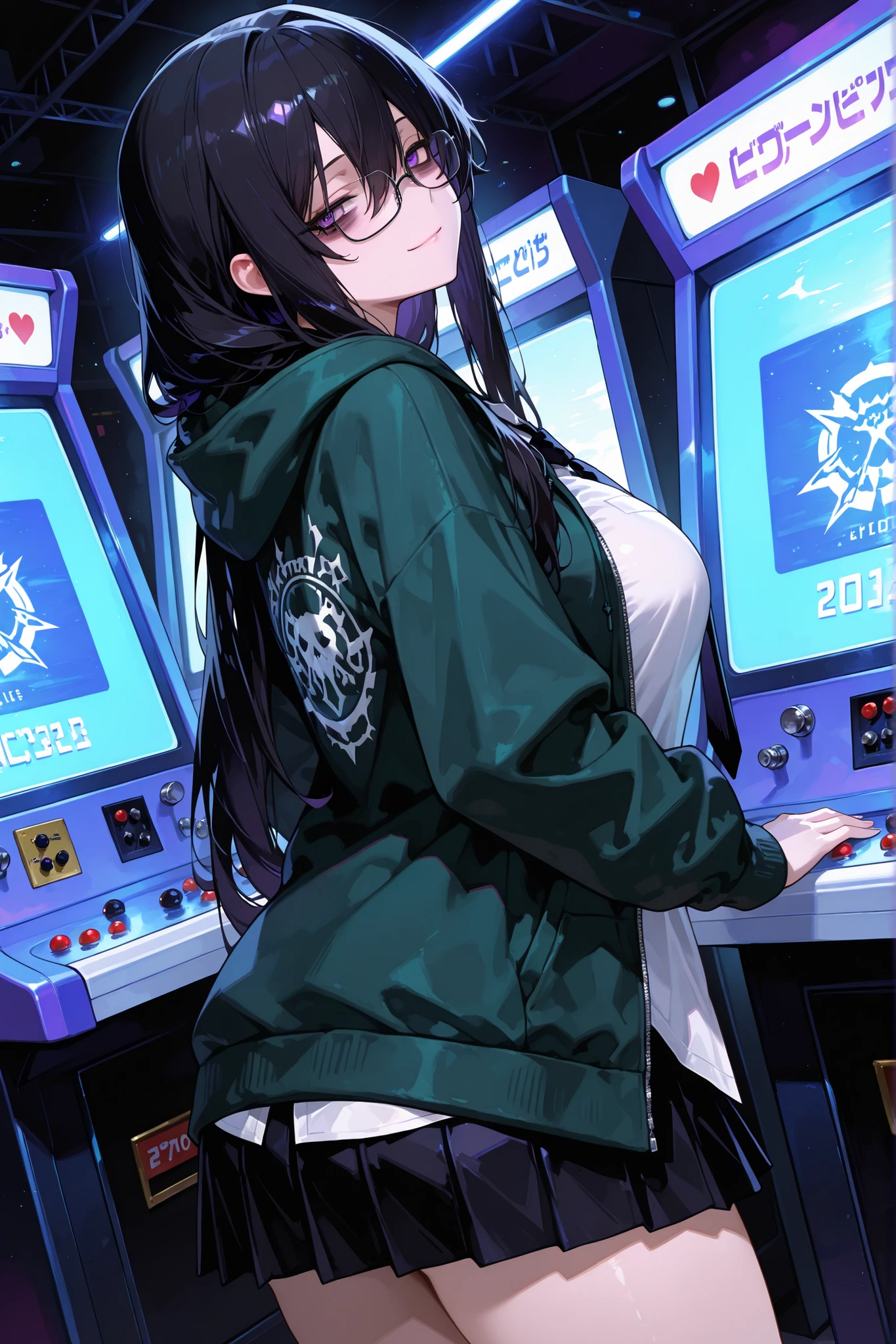 gamerexia, masterpiece, best quality, absurdres, 1girl, solo, large_breasts, purple_eyes, glasses, black_hair, long_hair, long_hair, glasses, sidelocks, hair_berween_eye, long_sleeves, mature_female, white_shirt, dark green hoodie, open hoodie, black_necktie, school_uniform, tall, black_hair, bags under eyes, curvy, from side, head tilt, black_skirt, pleated_skirt, untucked shirt, light_smile, from_behind, looking_back, arcade, arcade mahine, dynamic pose, dynamic angle, 