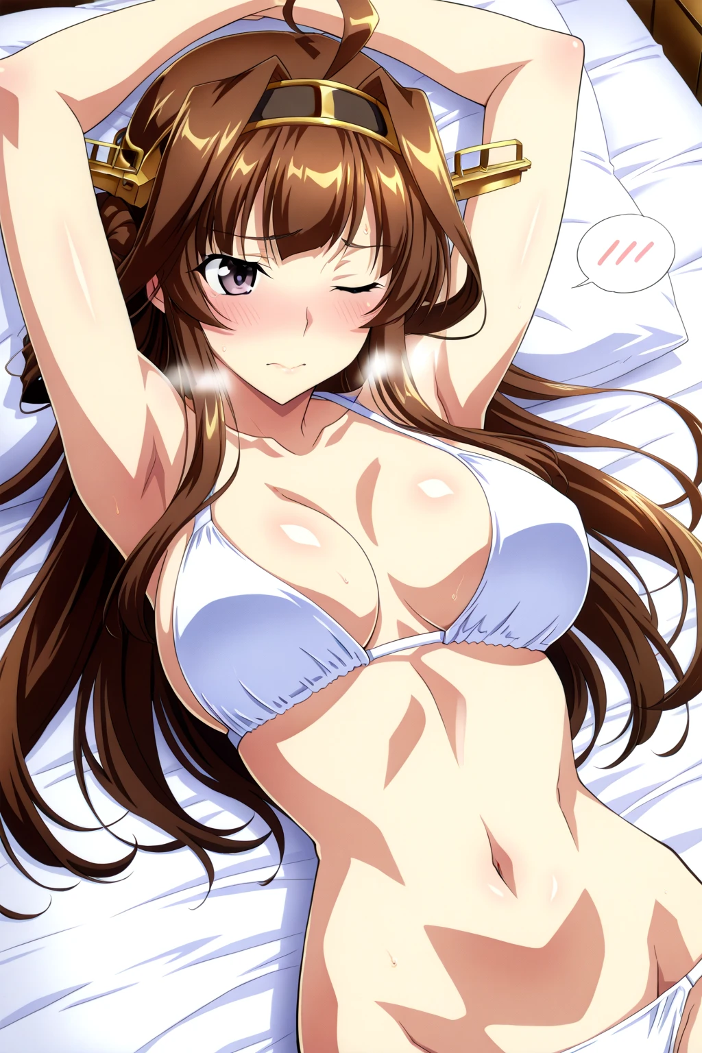 Huge ???? , ????, ???????, ?????, ??????, Busty, best quality, (masterpiece:1.2), highly detailed, hands up, 1girl,  kotegawa nanaka, sleeping on bed, sleep, closed eyes, lying arround bed, bedroom, bed, pillow, light smile, brown eyes, long hair, indoor, room, close up, 