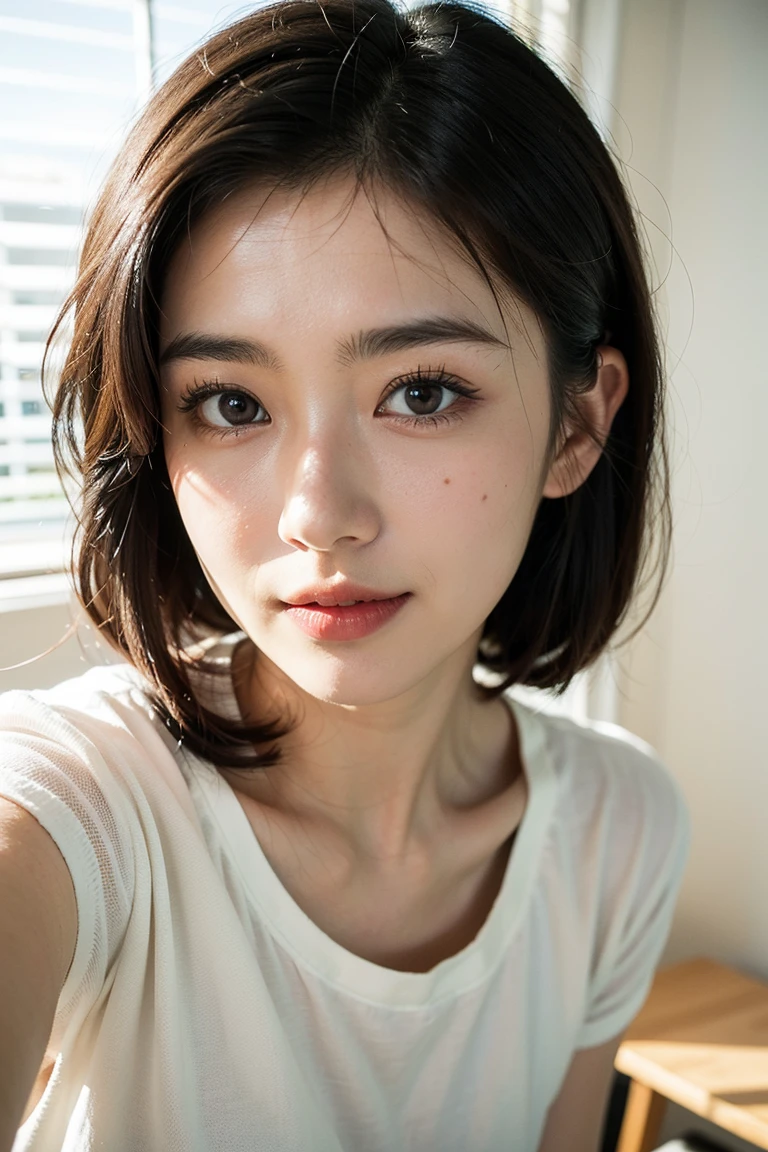 (Best quality, 8k, 32k, Masterpiece, UHD:1.2),Photo of Pretty Japanese woman, large , very short bob hair,upper body,face focus,oversized_sweater, necklace, simple background, from above, looking at viewer,
