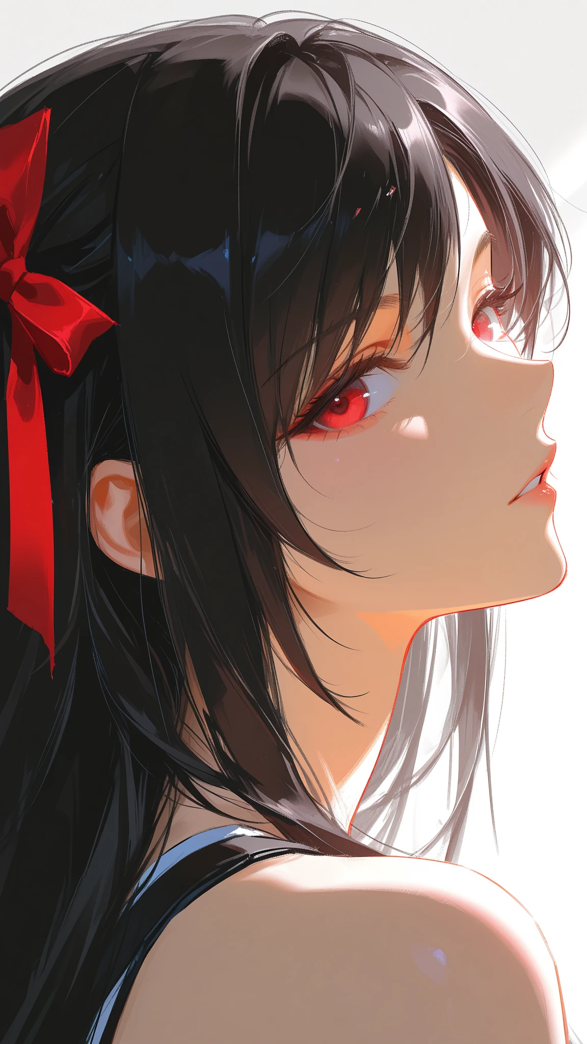 (1girl, black hair, long hair, red eyes, black sundress, black wings, cute, kawaii), (red moon, black flower field), (low contrast, flat color, limited palette)