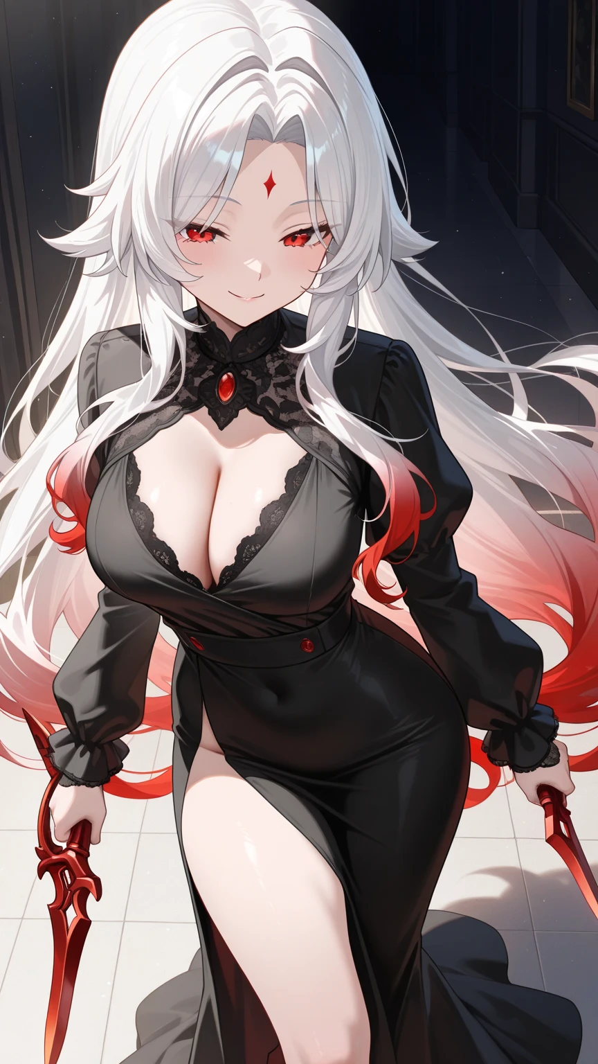 Masterpiece, very detailed, ultra detailed, alone, (1 woman), She is in a red witch dress with black details, black witch hat with red details and in an elegant pose, super mature, tall, mother, mature mother, super long hair, bright white straight hair and bangs on the sides, beautiful, charming, black sclera and blood red eyes, elegant, ??????????? (huge, torn), cheerful ???????, wide smile, wild smile, crazy smile, toothy smile, charming, dark background, atmosphere against the background of a huge red aura around her.